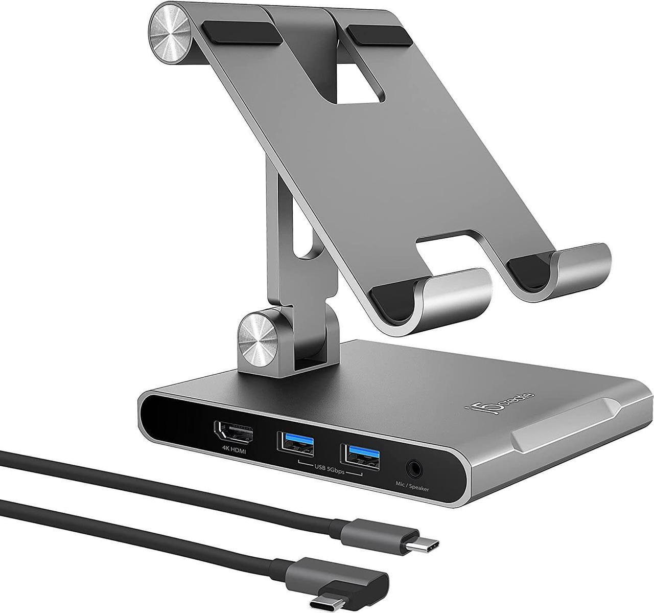 j5create Adjustable Tablet Stand with USB Type C Docking Station for iPad Pro/Air/Mini : 4K60 HDMI, 2 x USB-A 5Gbps, 100W PD Charging, microSD/SD Card Reader, 3.5mm Audio Jack (JTS224)