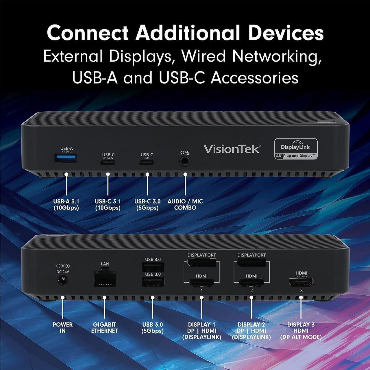 Alt view image 2 of 7 - VisionTek VT7000 USB-C 3X Monitor Docking Station - 100W Power, 3X HDMI, 2X DP, 3X USB-A, 2X USB-C, Audio, Ethernet for Windows/MacOS/ChromeOS