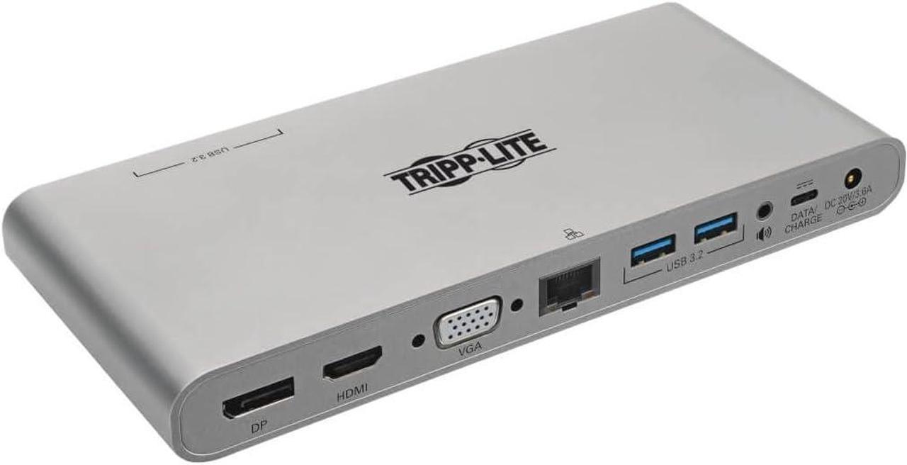 Tripp Lite International USB-C Docking Station, Triple Monitor Support, EU & UK Power Cables, 4K @ 30Hz HDMI & DisplayPort, VGA, Gigabit Ethernet, 100W USB-C Charging, 3-Year Warranty (U442-DOCK4-INT)