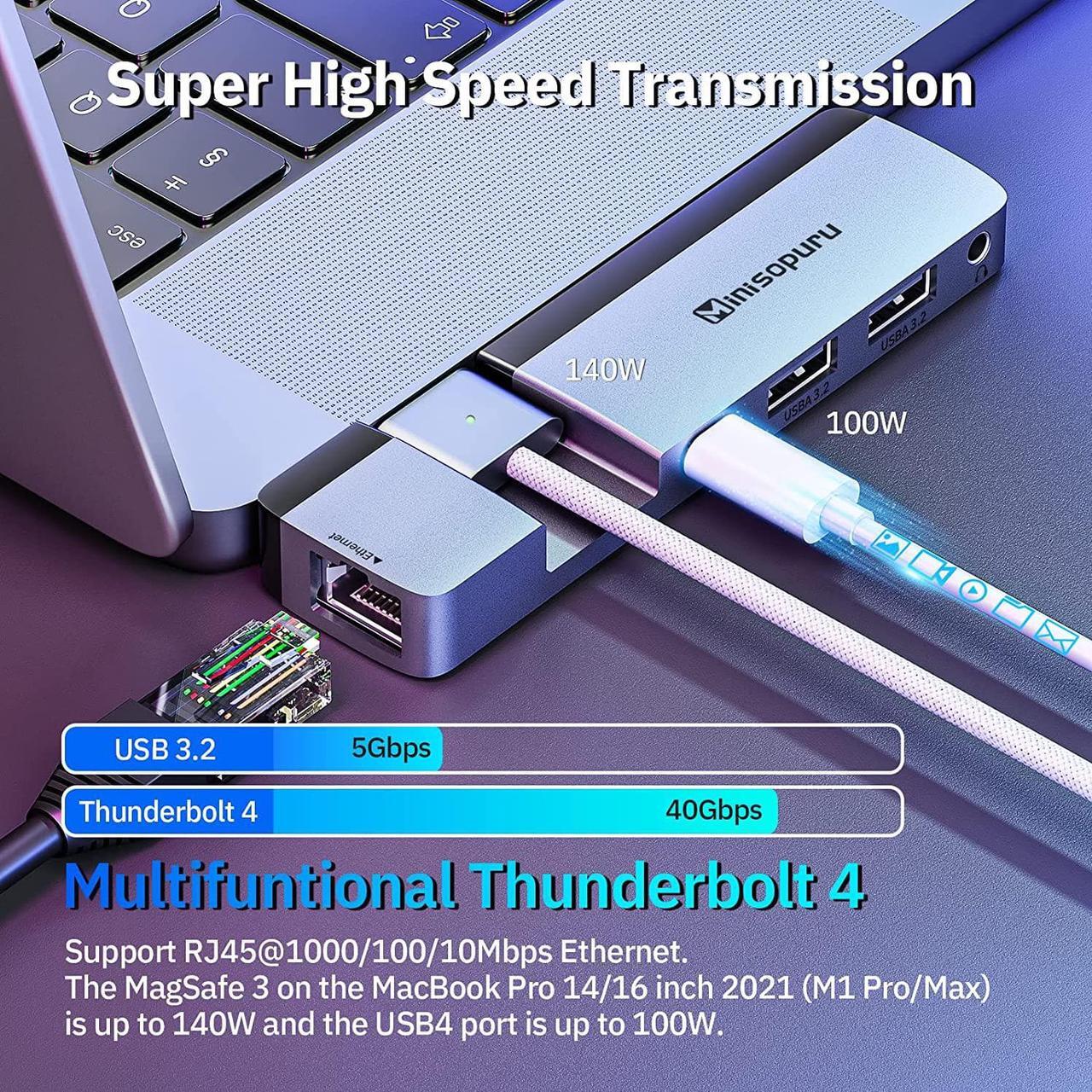 Alt view image 3 of 7 - USB C Hub Multiport Adapter for MacBook Pro 14/16 Inch and MacBook Air M2, Minisopuru USB C 40Gbps Hub, MacBook Docking Station MacBook Pro Accessories Support with USB4/Thunderbolt, 100W PD, Ethernet
