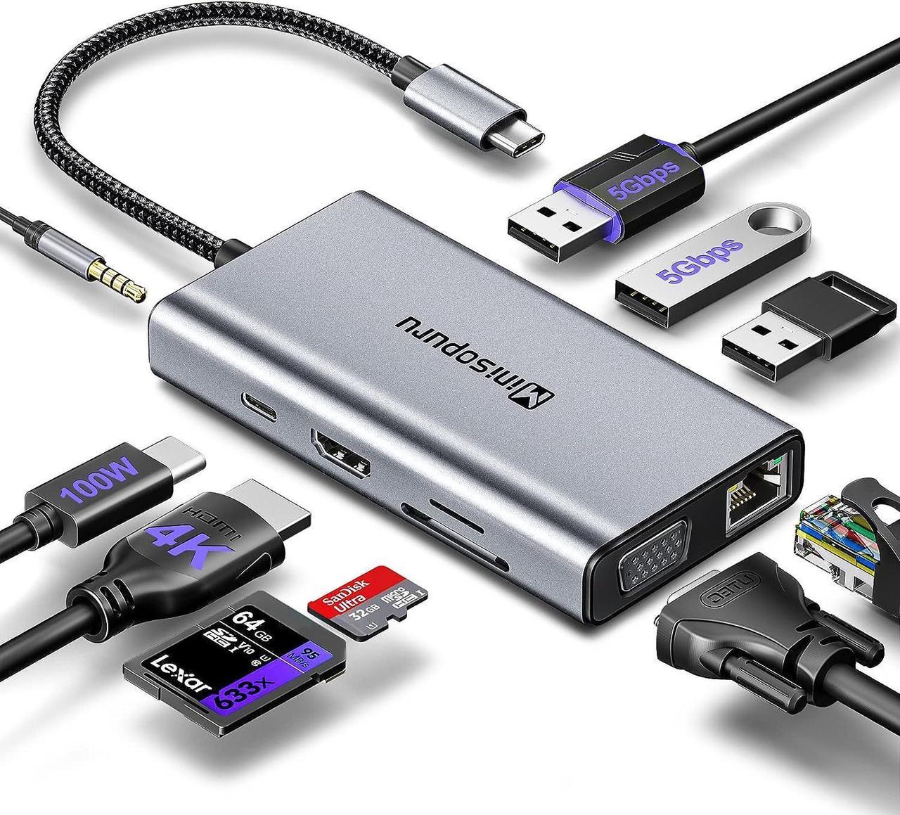 USB C Docking Station Dual Monitor, Minisopuru 10 in 1 Laptop Docking Station USB C Hub Multiport Adapter with HDMI/VGA/100W PD/Ethernet/SD/TF/Type-C/Audio.