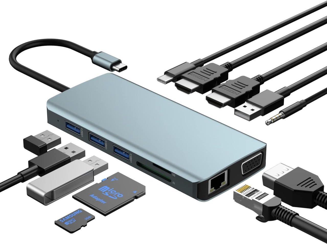 USB C Docking Station Dual Monitor,Laptop Docking Station,12 in 1 Triple Display USB C Hub Multiport Adapter to Dual 4K HDMI,VGA,100W PD,3 USB 3.0,USB-A,RJ45,SD/TF,Audio for MacBook and Type C Laptop