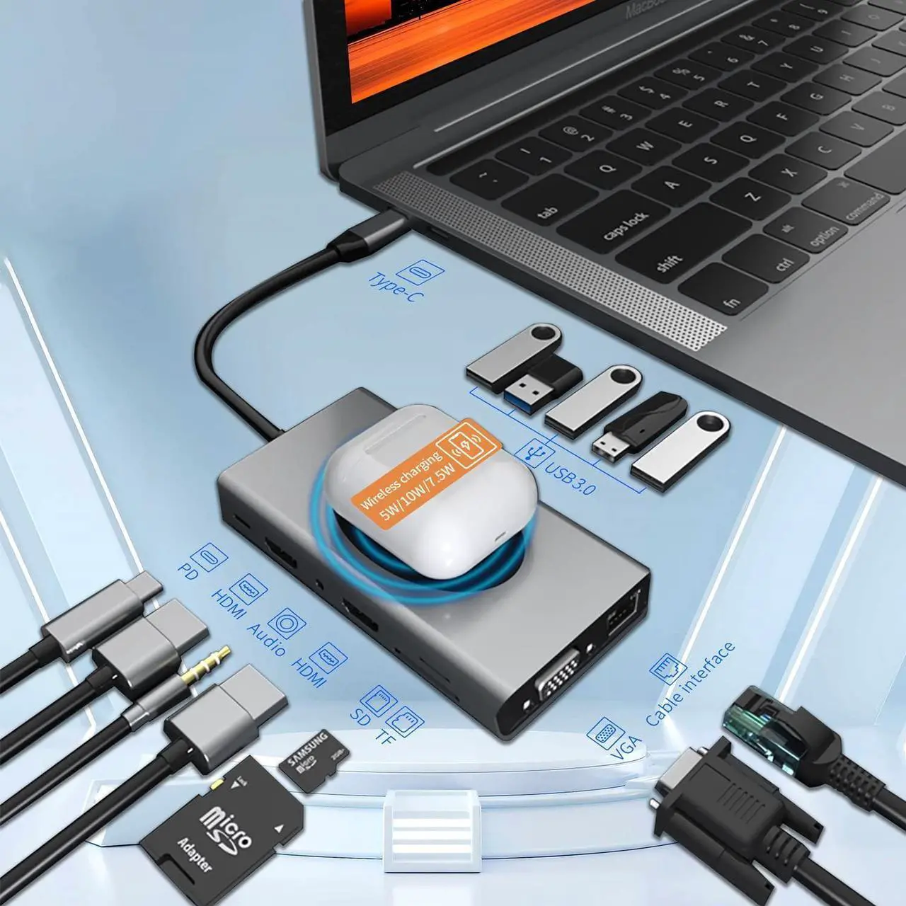 Alt view image 2 of 6 - 14 in 1 Docking Station with Wireless Charging,Triple and 4K Display,Dual HDMI for USB C Hub,100W PD, 5 USB Ports,SD,TF,VGA,Compatible for Multiple Device:Switch,MacBook,Dell,Thinkpad