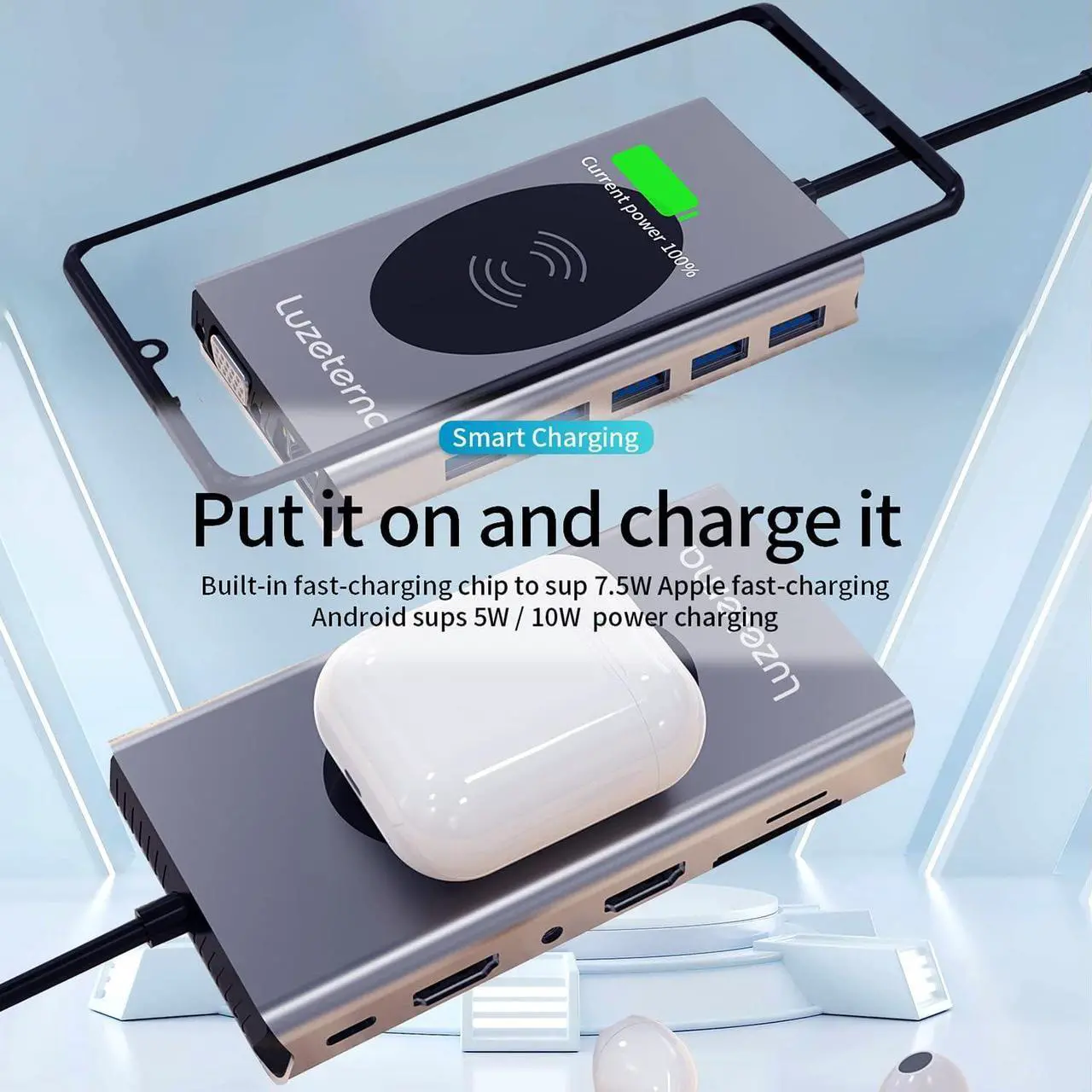 Alt view image 5 of 6 - 14 in 1 Docking Station with Wireless Charging,Triple and 4K Display,Dual HDMI for USB C Hub,100W PD, 5 USB Ports,SD,TF,VGA,Compatible for Multiple Device:Switch,MacBook,Dell,Thinkpad