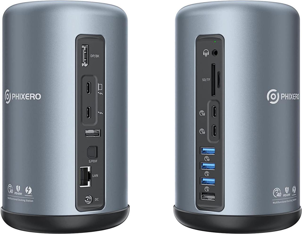 PHIXERO Thunderbolt 3 Dock, 16 in 1 USB C Docking Station, Dual 4K@60Hz/ Single 8K Thunderbolt 3/ DP Port, 10Gbps USB-C, 5Gbps USB-A, Gigabit Ethernet, SD/TF, Audio, S/PDIF, for MacBook Mac & Windows