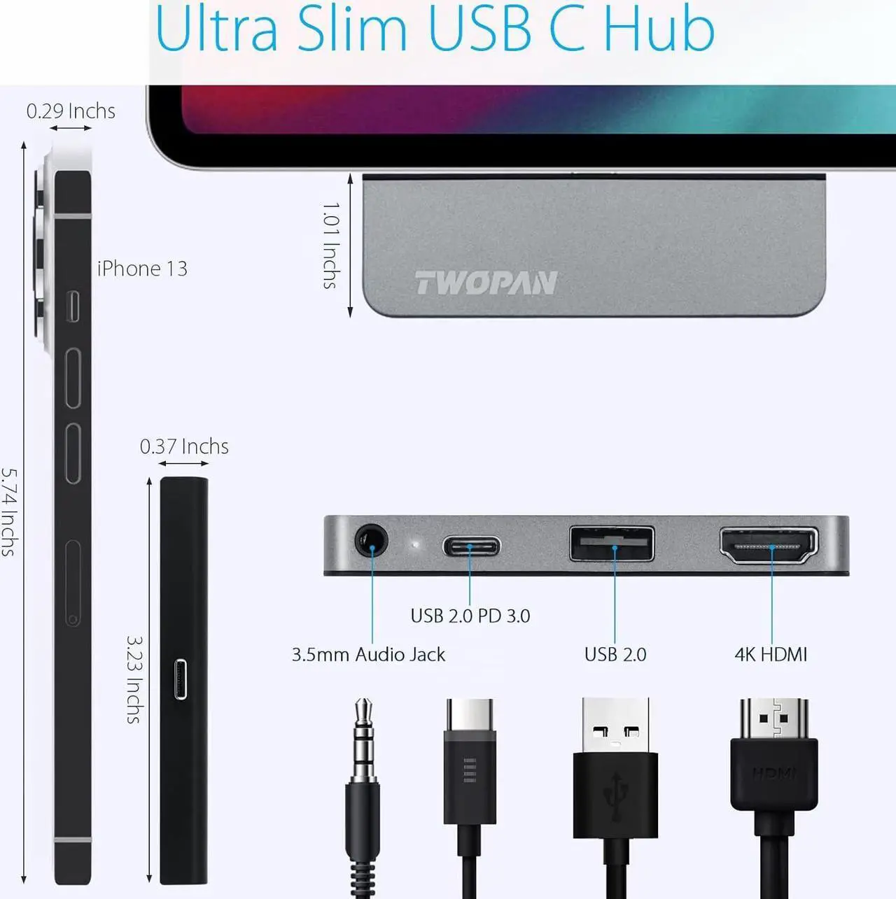 Alt view image 3 of 6 - 4 Port USB C Hub Splitter Adapter for Laptop, iPad Pro 2021 M1/12.9 inch, iMac 24", MacBook Pro 14"/16" M2 Pro/Max, Multiport Adapter with 4K HDMI, USB-C PD Charging, 3.5mm Audio Jack