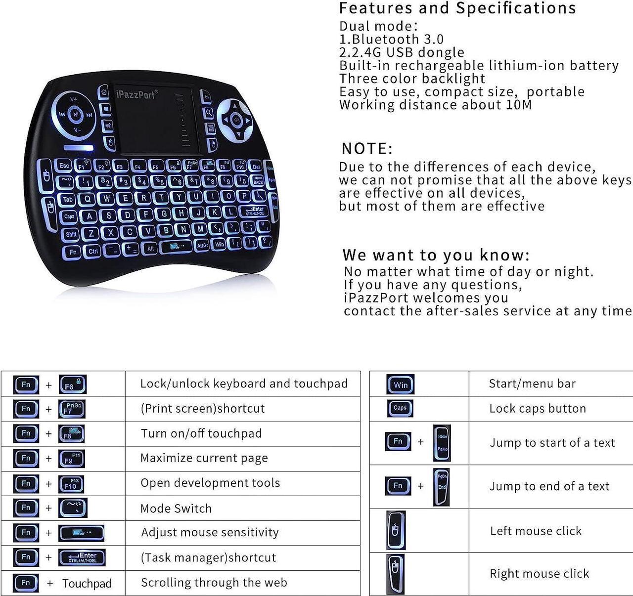 Alt view image 5 of 7 - iPazzPort Backlit Mini Wireless Keyboard with Touchpad, 2.4G Bluetooth Keyboard for Fire TV/Android TV Box/PC, Rechargeable & Portable 21SM
