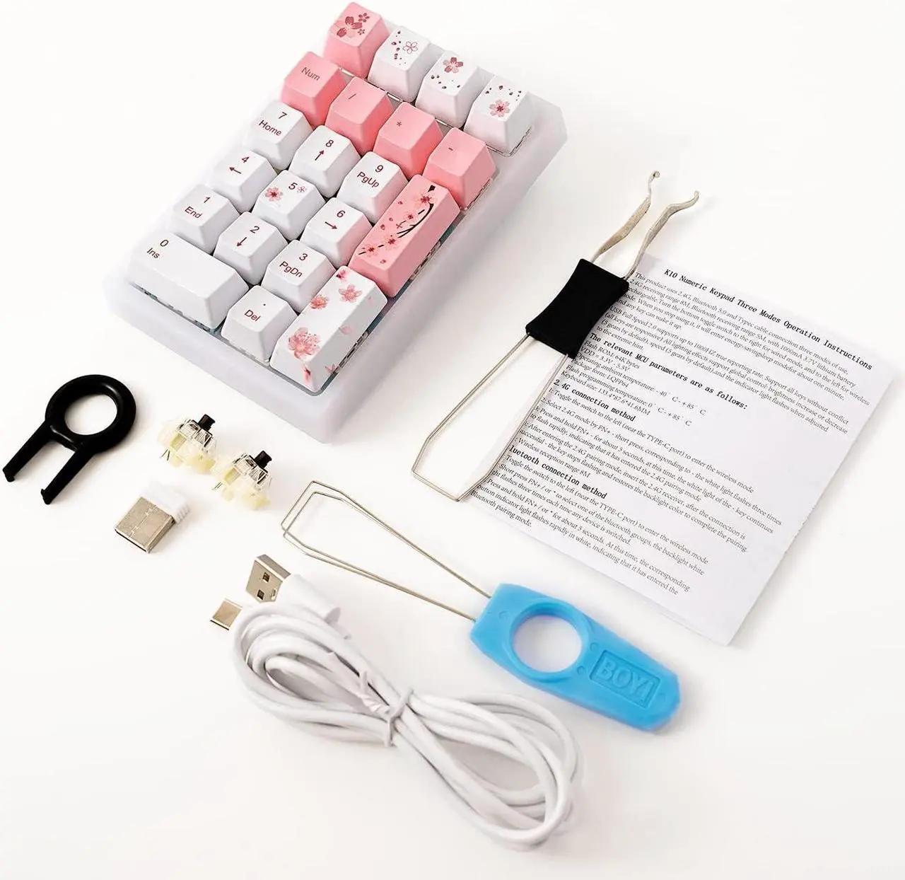 Alt view image 7 of 7 - BOYI TD21 Hot Swappable Numpad,21 Keys Mini Numpad Portable Keypad Bluetooth 5.0/2.4GHz/Wired Number Pad Keyboard PBT Keycaps RGB Backlit Type-C Mini Keyboard (Romatic Cherry Blossom Keycaps)