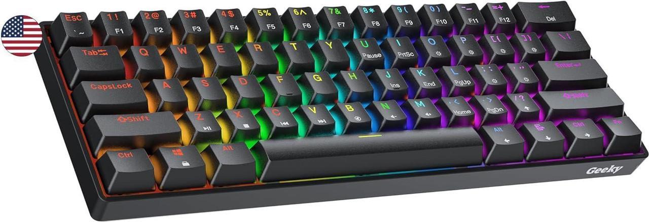 Geeky GK61 SE 60% | Mechanical Gaming Keyboard | 61 Keys Multi Color RGB LED Backlit for PC/Mac Gamer | ANSI US American Layout (Black, Mechanical Black)