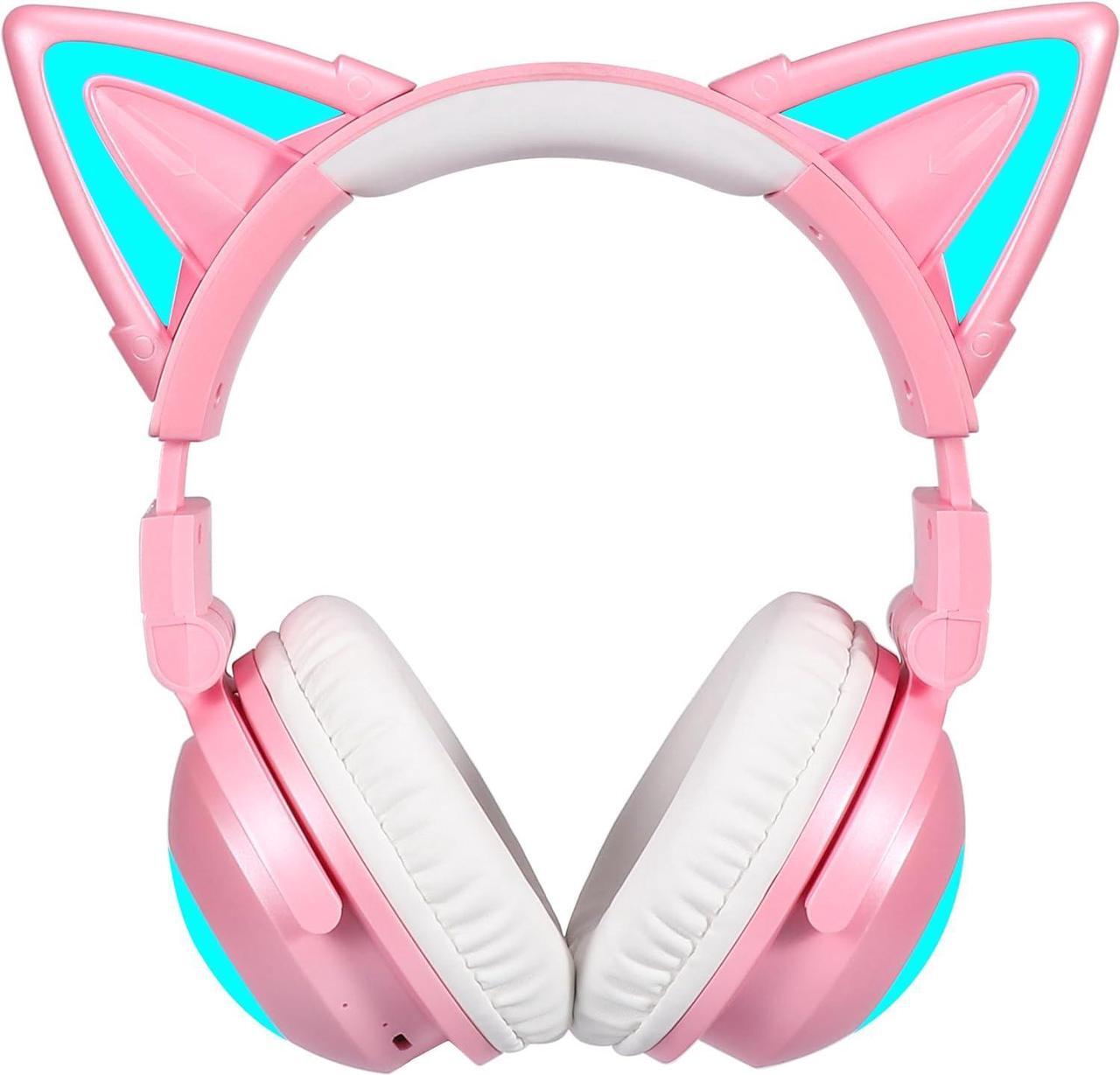 Main image of kuayang Wireless Cat Ear Headphones (7 Color Changing) with & 3.5mm Jack, Gaming Pro, Bluetooth&Wired Connection (Pink)