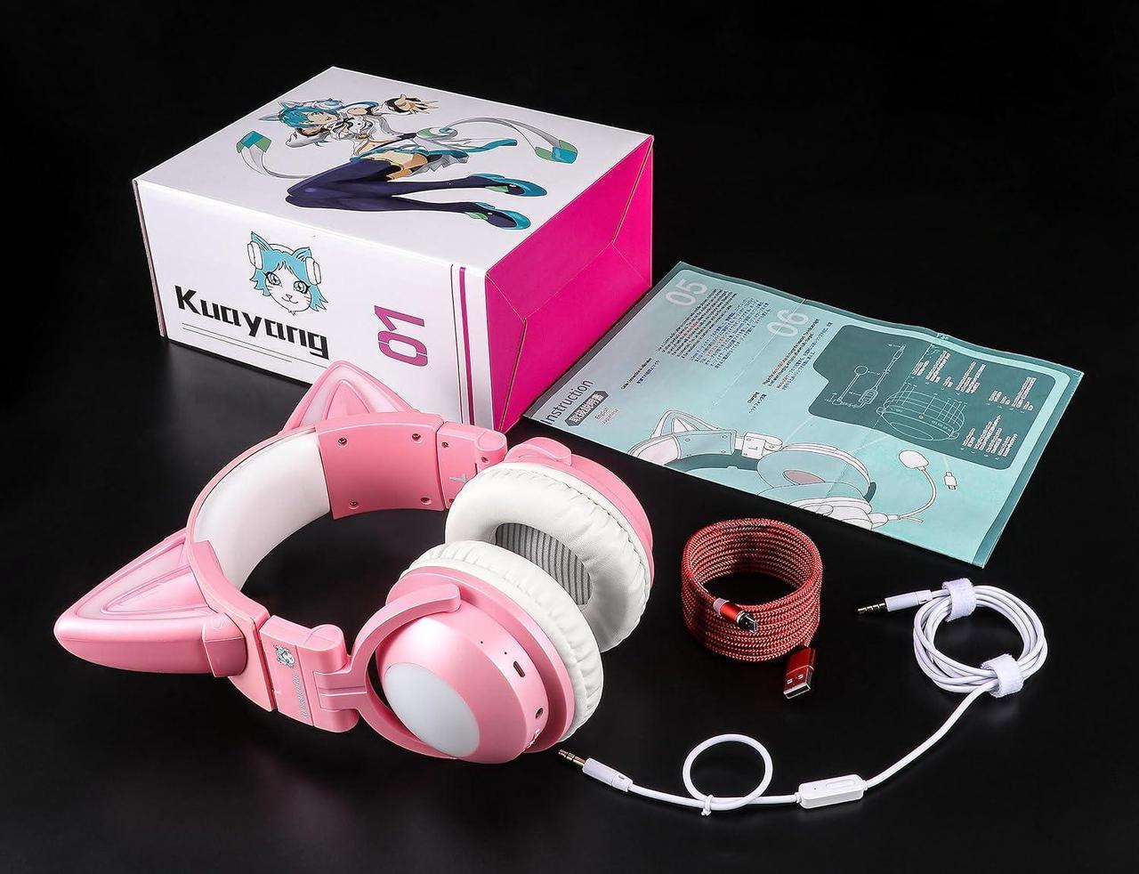 Alt view image 7 of 7 - kuayang Wireless Cat Ear Headphones (7 Color Changing) with & 3.5mm Jack, Gaming Pro, Bluetooth&Wired Connection (Pink)