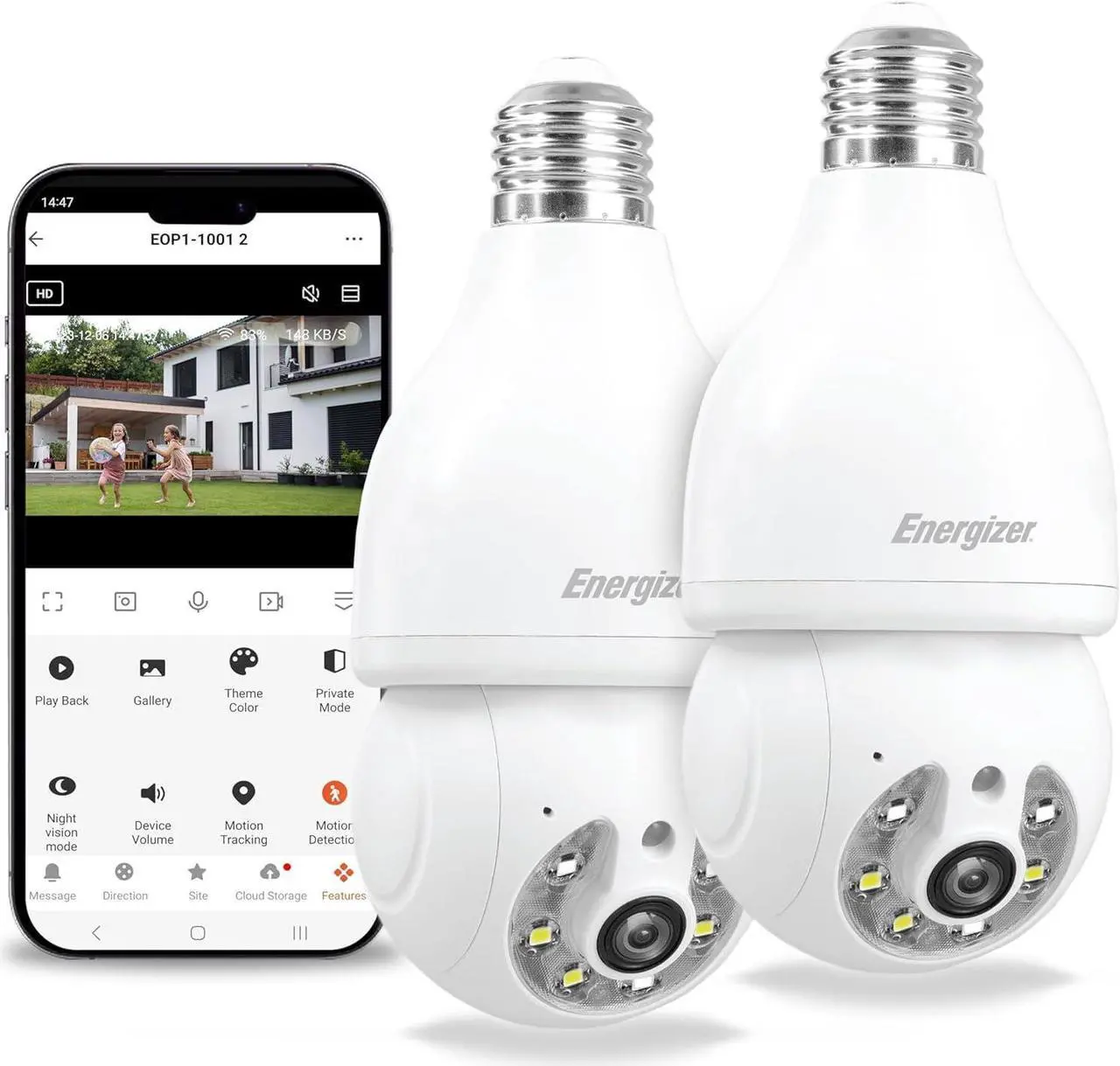 Alt view image 2 of 7 - Energizer Smart Light Bulb 2K Security Camera 2-Pack, Outdoor Socket Camera, Auto Tracking, Pan & Tilt, Night Vision, 2-Way Audio, Instant Alerts, Works with Google Home & Alexa (2, White)