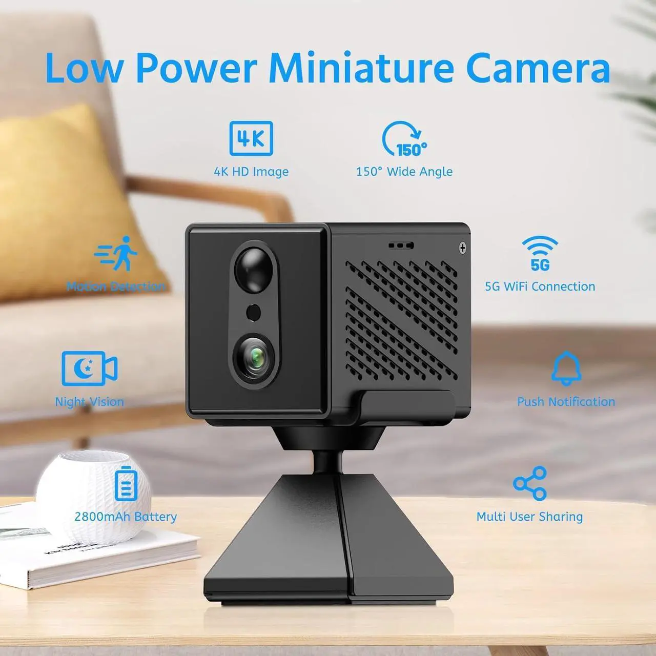 Alt view image 2 of 7 - 4K Wireless Security Camera 4G/5G WiFi Mini Home Camera Spy Hidden Camera Small Nanny Cam Portable Indoor Secret Tiny Video Security Cameras,100 Days Standby Battery Life Motion Detection Night Vision