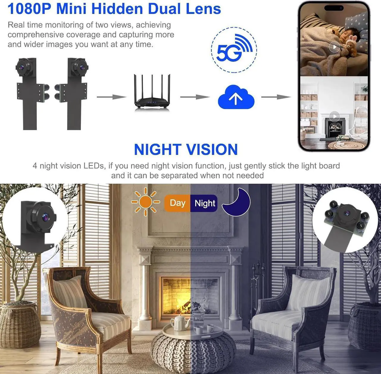 Alt view image 3 of 7 - Spy Camera WiFi Mini Hidden Camera 1080P Dual Lens DIY Module Wireless Tiny Nanny Cam - Small Discreet Home Security Indoor Outdoor - 5G and 2.4G Wi-Fi Dual Band Dual Lens Surveillance Cameras