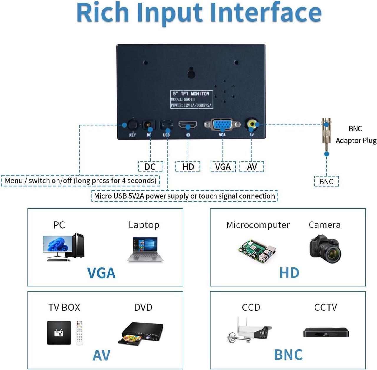 Alt view image 4 of 7 - 5 inch Security Monitor & Displays, AV/HD/VGA/BNC/USB Input, Built-in Dual Speakers Portable Metal Case LCD Monitor, 800 * 480 Resolution, Suitable for Game CCTV DVD PC DSLR