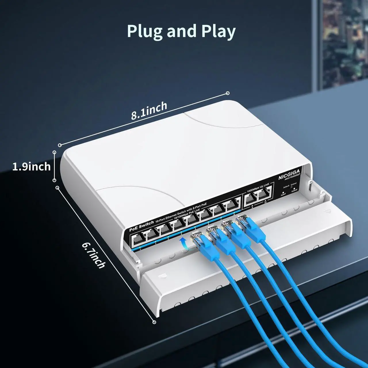 Alt view image 6 of 7 - Outdoor Waterproof 8-Port PoE Switch with 8 Port PoE+@120W + Gigabit Uplink Port, 10 Port IEEE802.3af/at Power Over Ethernet Switch Unmanaged with VLAN and 250m Extender Function, Plug & Play