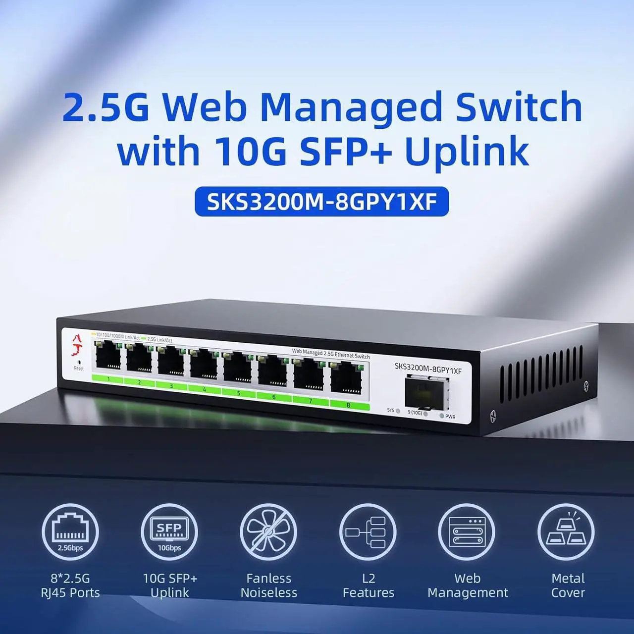 Alt view image 2 of 7 - 8 Port 2.5G Web Managed Ethernet Switch with 10G SFP+, Support LACP/VLAN/QoS/STP/IGMP, 2.5 Gigabit Network Switch for PC/NAS/AP, Metal Housing Fanless Ethernet Hub, Desktop/Wall-Mount