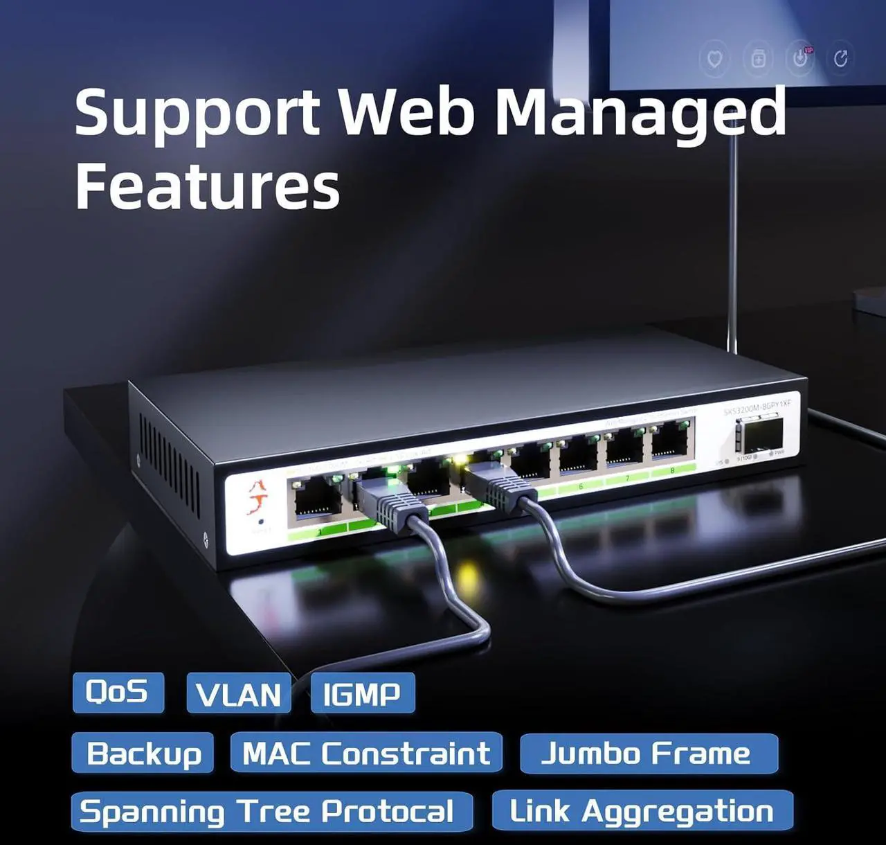 Alt view image 4 of 7 - 8 Port 2.5G Web Managed Ethernet Switch with 10G SFP+, Support LACP/VLAN/QoS/STP/IGMP, 2.5 Gigabit Network Switch for PC/NAS/AP, Metal Housing Fanless Ethernet Hub, Desktop/Wall-Mount