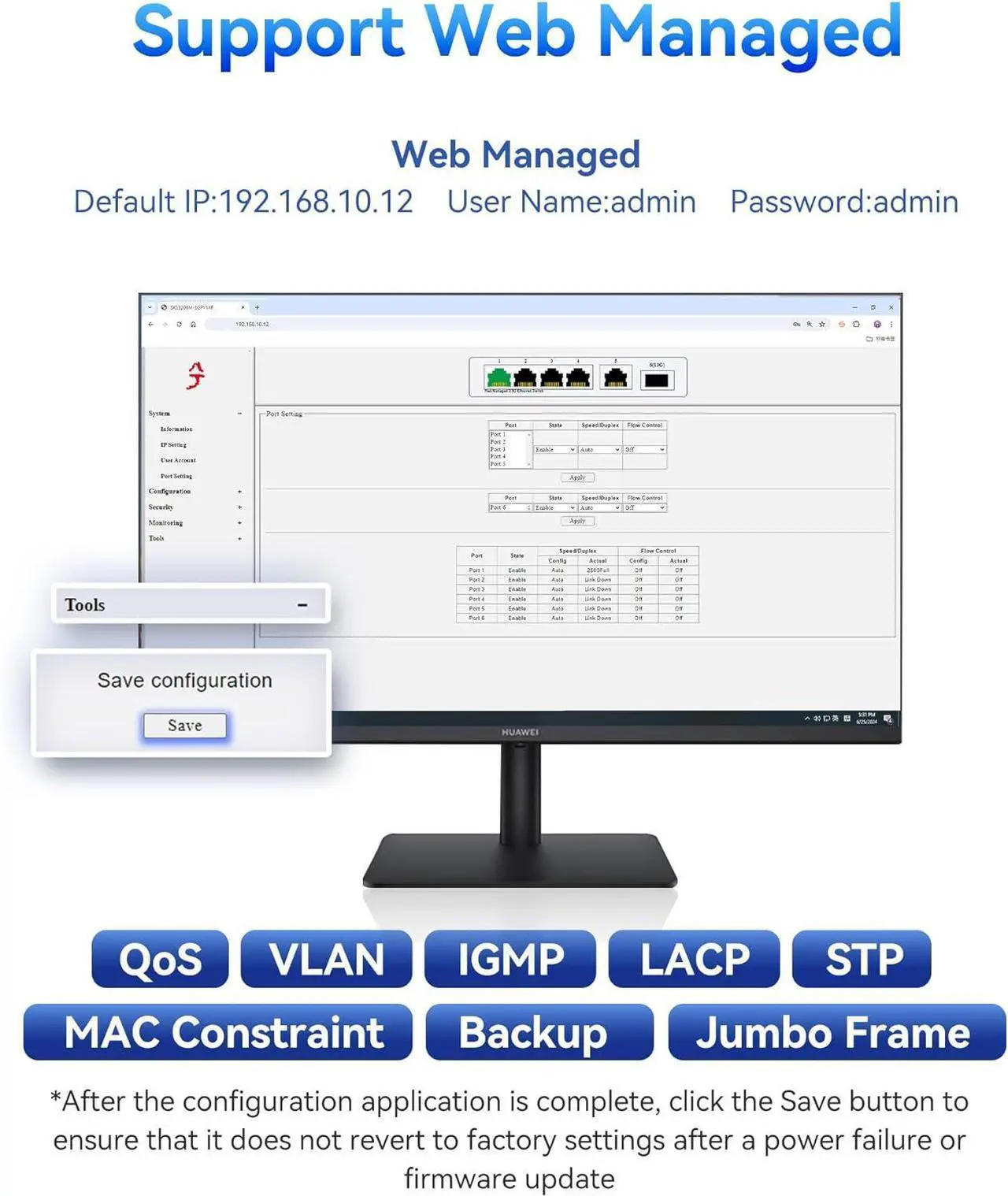 Alt view image 5 of 7 - 8 Port 2.5G Web Managed Ethernet Switch with 10G SFP+, Support LACP/VLAN/QoS/STP/IGMP, 2.5 Gigabit Network Switch for PC/NAS/AP, Metal Housing Fanless Ethernet Hub, Desktop/Wall-Mount
