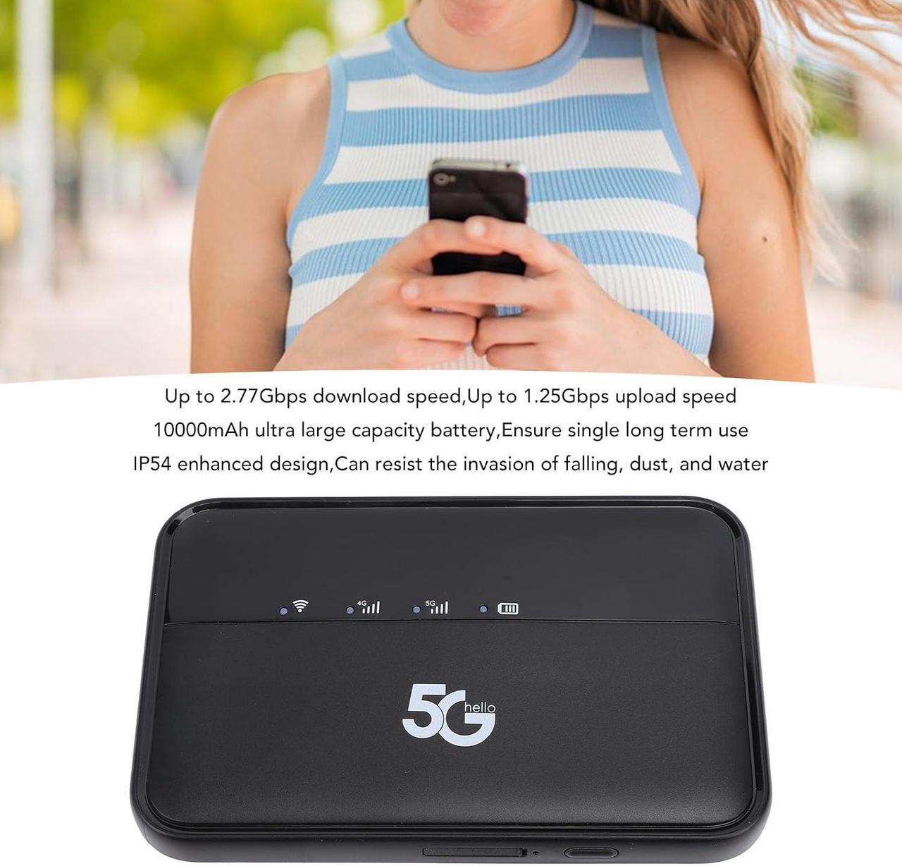 Alt view image 2 of 7 - 5G Mobile Hotspot, Up to 2.77Gbps Unlocked Portable Internet Router, IP54 Waterproof 10000mAh Travel Hotspot with LED Indicator for Travel Camping