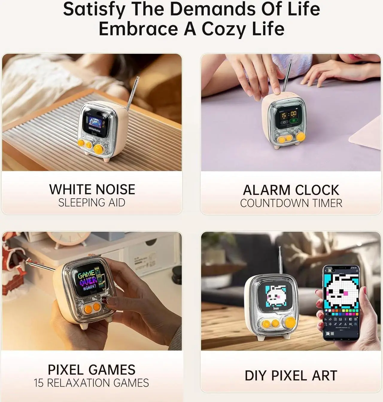 Alt view image 6 of 7 - Divoom Tiivoo-2 FM Radio Bluetooth Speaker with Alarm Clock,Pixel Art Retro Mini Small Cute Wireless Speaker,Vintage Decor Suitble for Party Office Home Desk Bedroom Kitchen Outdoor,Cream