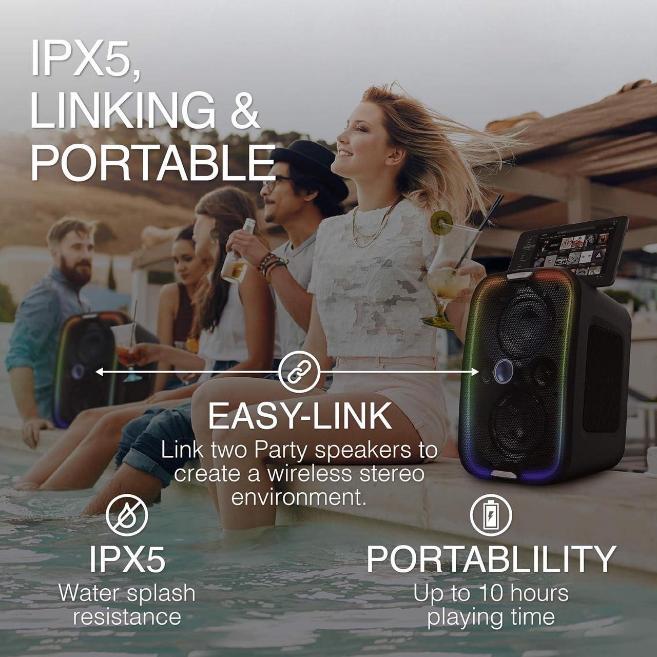 Alt view image 4 of 7 - Brookstone Bluetooth Speakers, IPX5 Waterproof Outdoor Speaker, Portable Bluetooth Speaker with LED Light Show, 60 Watt RMS Speaker, Wireless Charging Pad for Smartphone, Connect Multiple Speakers