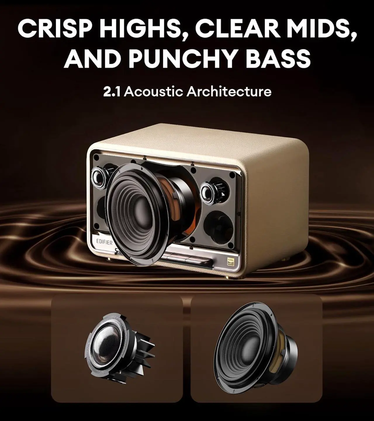 Alt view image 3 of 7 - Edifier D32 Tabletop Wireless Speaker, Hi-Res Audio, LDAC, AAC, ALAC, Bluetooth V5.3, 60W (RMS), 2.1 Acoustic Architecture, Full Digital Signal Process, 11h Playtime, APP Control, White