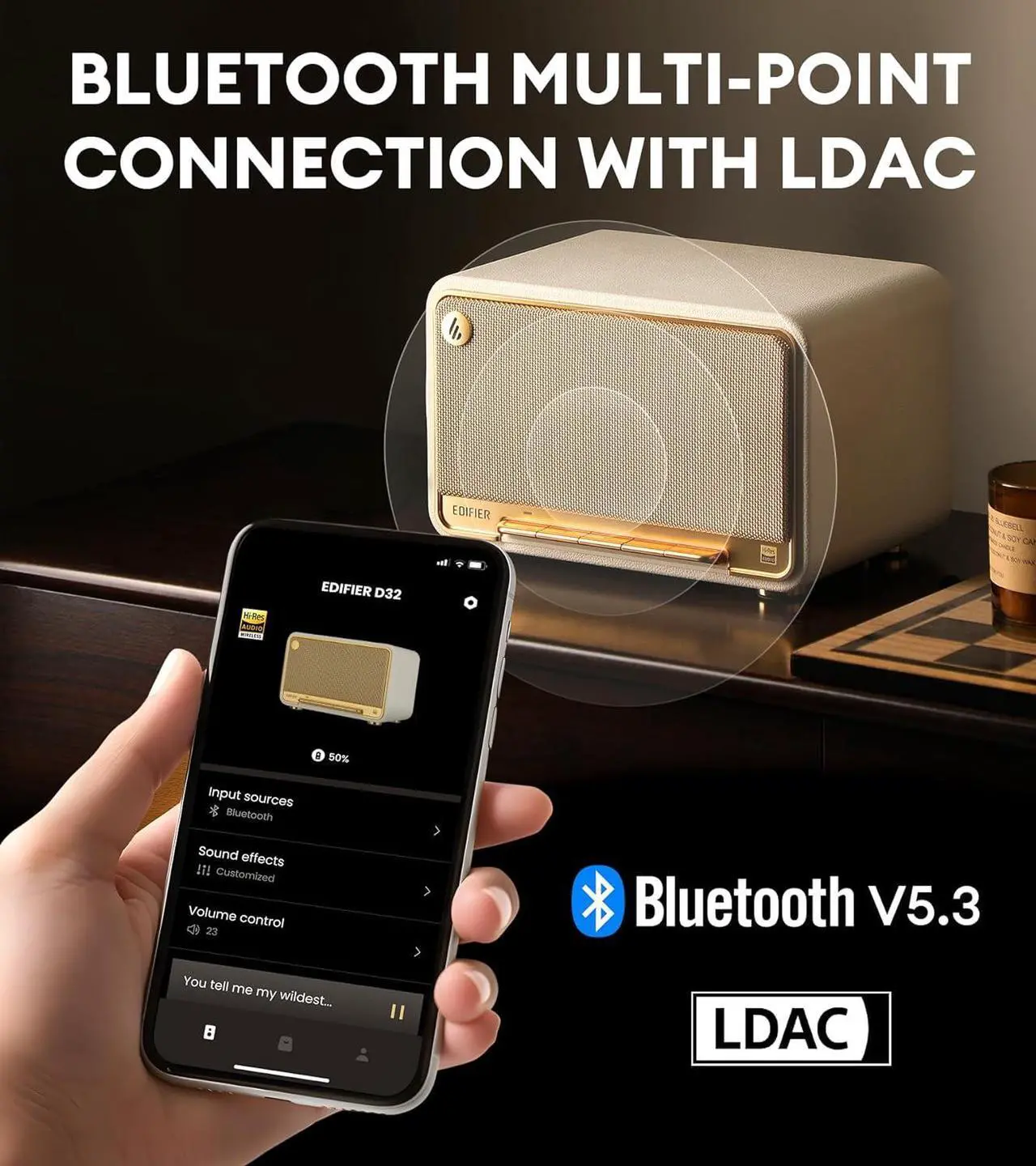 Alt view image 4 of 7 - Edifier D32 Tabletop Wireless Speaker, Hi-Res Audio, LDAC, AAC, ALAC, Bluetooth V5.3, 60W (RMS), 2.1 Acoustic Architecture, Full Digital Signal Process, 11h Playtime, APP Control, White