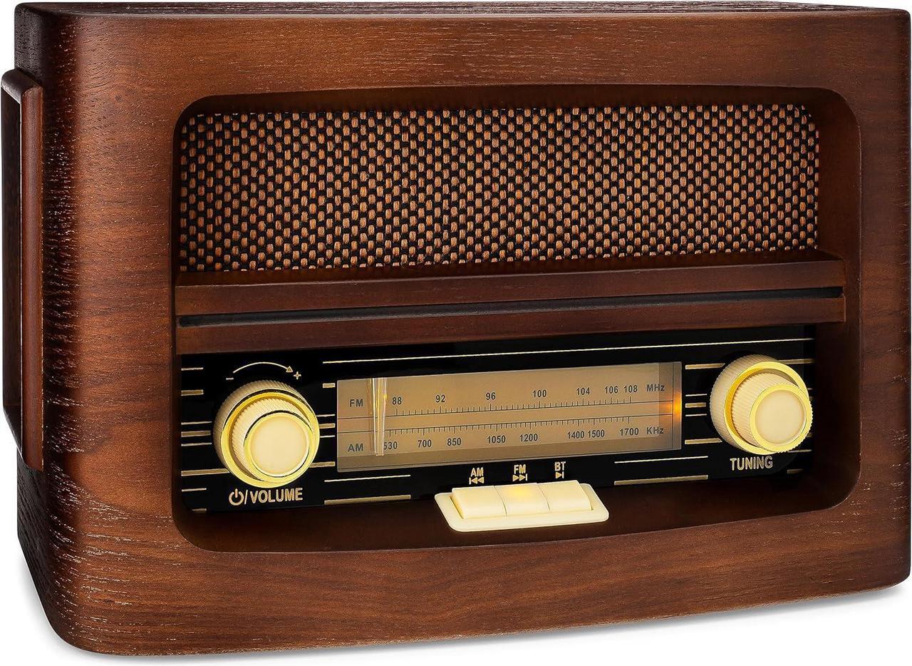 Main image of ClearClick Classic Vintage Retro Style AM/FM Radio with Bluetooth, Aux-in, & USB - Handmade Wooden Exterior Dark Brown