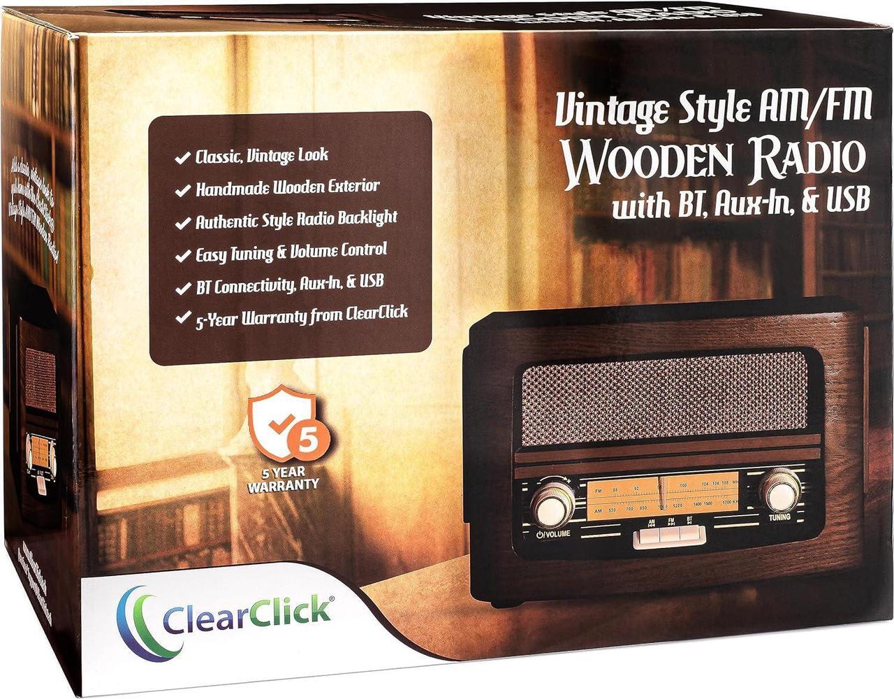 Alt view image 6 of 6 - ClearClick Classic Vintage Retro Style AM/FM Radio with Bluetooth, Aux-in, & USB - Handmade Wooden Exterior Dark Brown