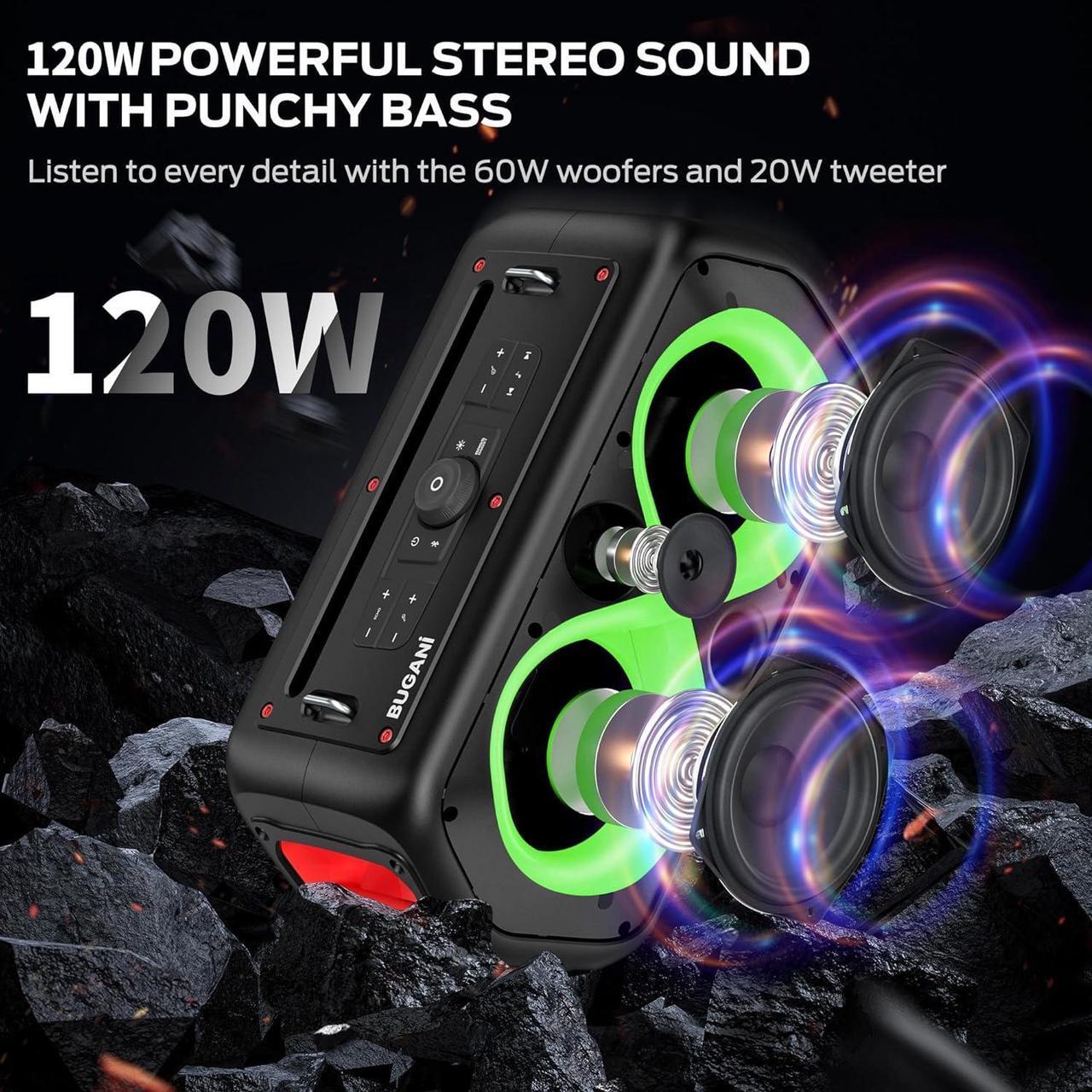 Alt view image 2 of 7 - BUGANI Bluetooth Speaker,120W Peak High Power Outdoor Speakers Loud Party Speaker Large Portable Waterproof Bluetooth Speakers with 7 Lighting Effects, Subwoofer/Deep Bass/DSP/Stereo Pairing/EQ/32H