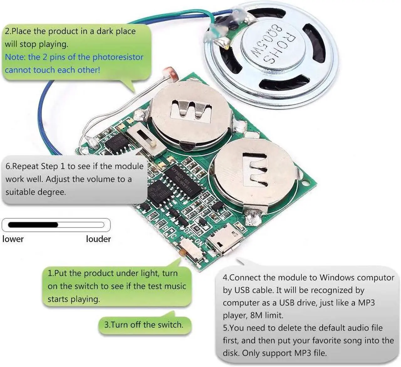 Alt view image 7 of 7 - Icstation DIY Light Sensor Sound Module, Micro USB Recordable Sound Chip 8M Memory Speaker Talking Programmable Music Player Box for Birthday Greeting Card Mother's Day Father's Day
