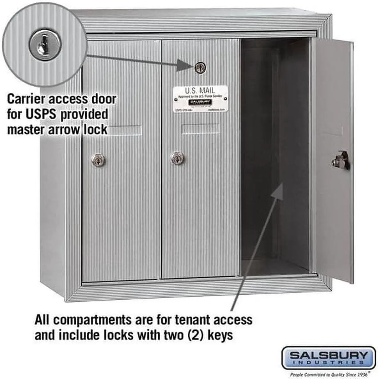 Alt view image 7 of 7 - Salsbury 3503ASU Vertical Mailbox - 3 Doors - Aluminum - Surface Mounted - USPS Access