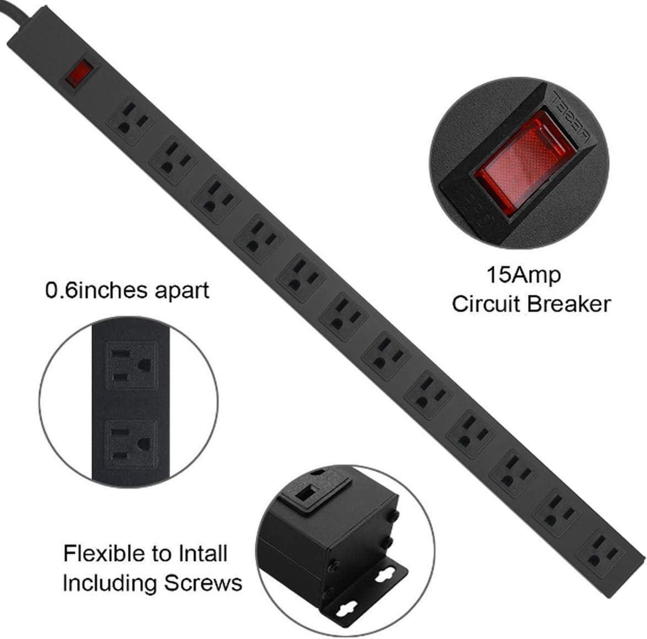 Alt view image 3 of 7 - Metal Wall Mount Power Strip, Mountable Power Outlet with 12 AC Outlets, Aluminum Alloy Mount Power Socket with Switch, 6 FT SJT 3/C 14AWG Power Cord, 15A 125V 1875W (12AC) Black