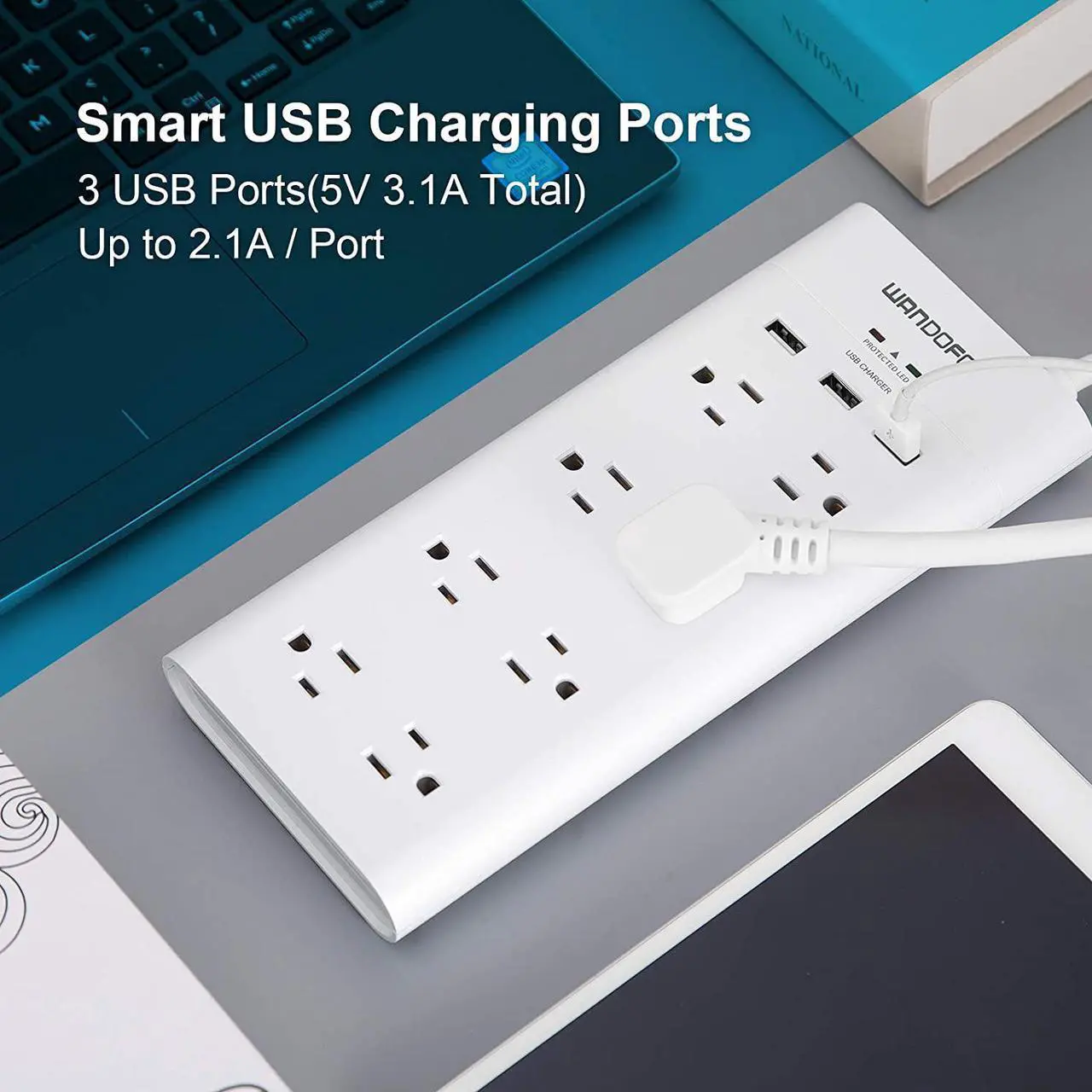 Alt view image 4 of 7 - 2 Prong 8 Outlet Power Strip, 6 FT Extension Cord with 3 USB Ports, 1625W 1050J Surge Protector, 2 Prong to 3 Prong Multi Plug Outlet Adapter Converter, Polarized Plug, White