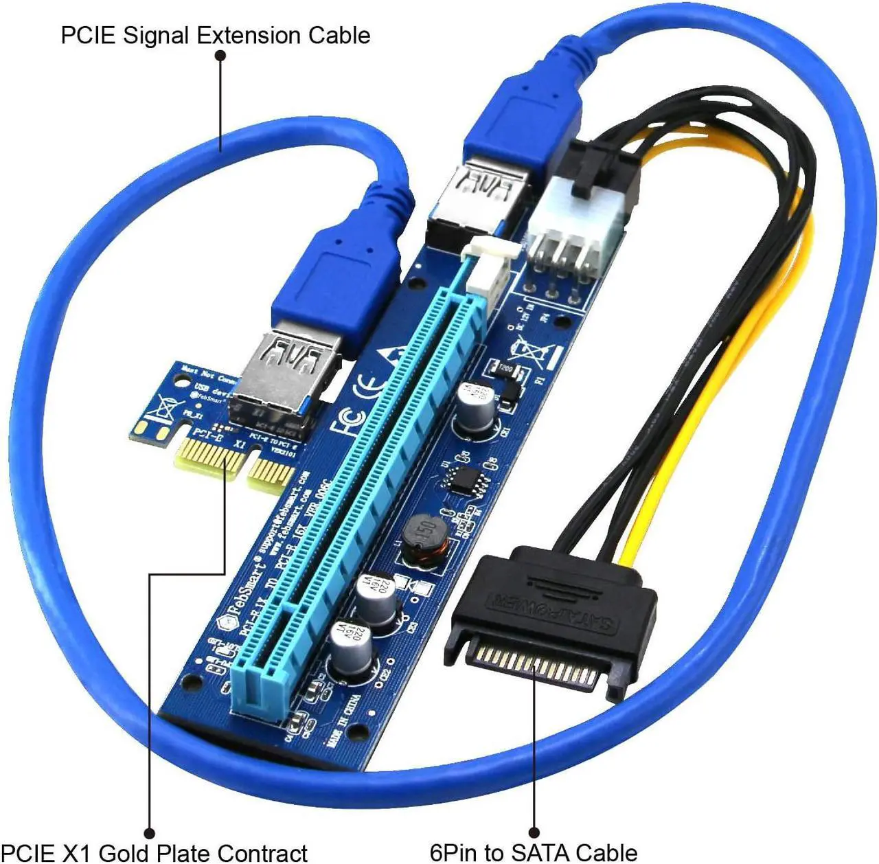 Alt view image 3 of 7 - FebSmart PCI-E Riser for Bitcoin-Litecoin-ETH Coin PCIe VER006C 6 PIN 16x to 1x Powered Riser Adapter Card 6-Pin PCI-E to SATA Power Cable-GPU Riser Adapter-Ethereum Mining ETH (6 PCS)