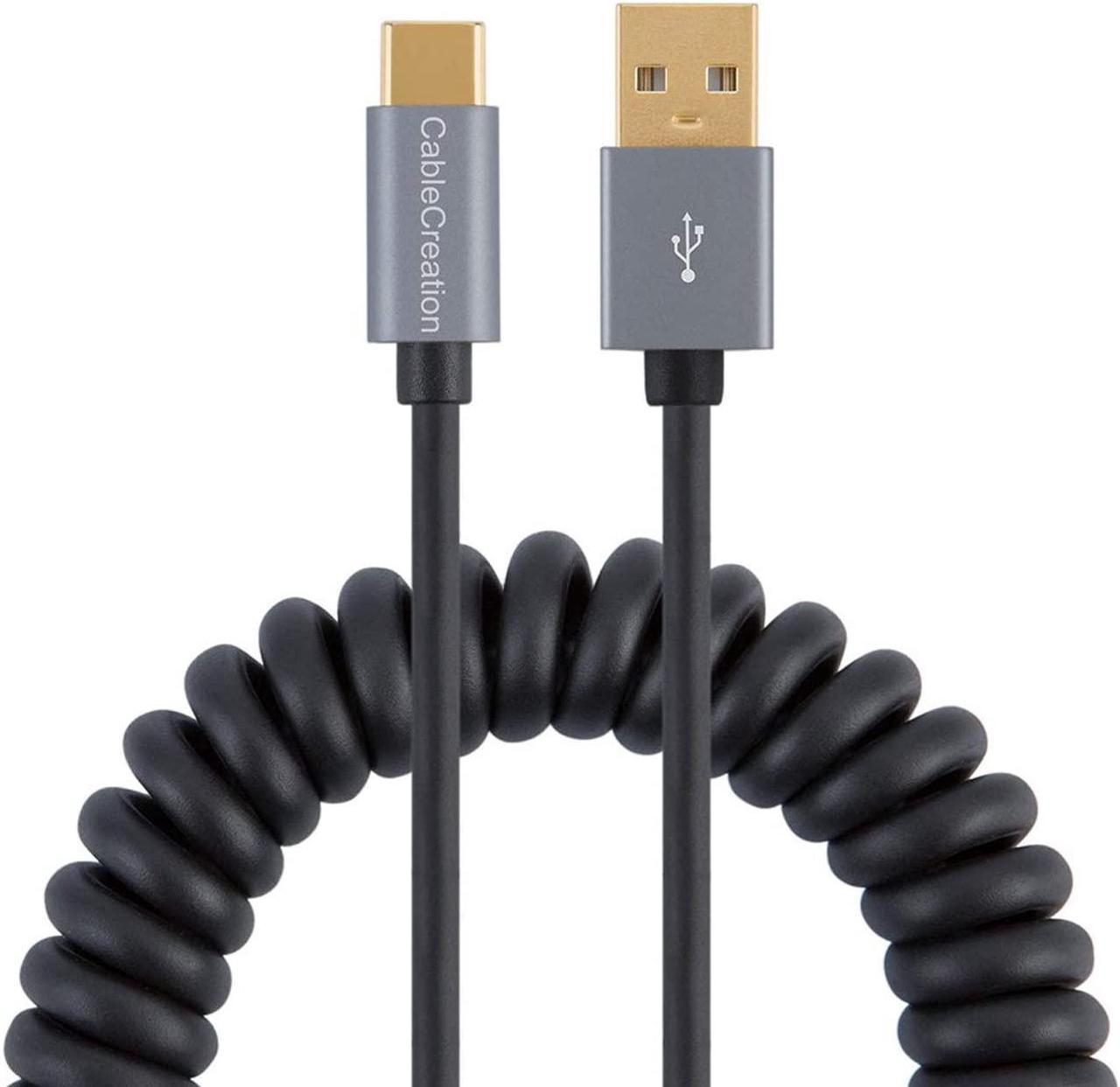 USB C to A Cable, CableCreation Coiled USB to USB C 3A Fast Charging and Data Cable, Stretched 0.6-4 Feet, Compatible with Galaxy S20 S10 S9, Note 10 9, Pixel 4XL, Black with Aluminum Shell