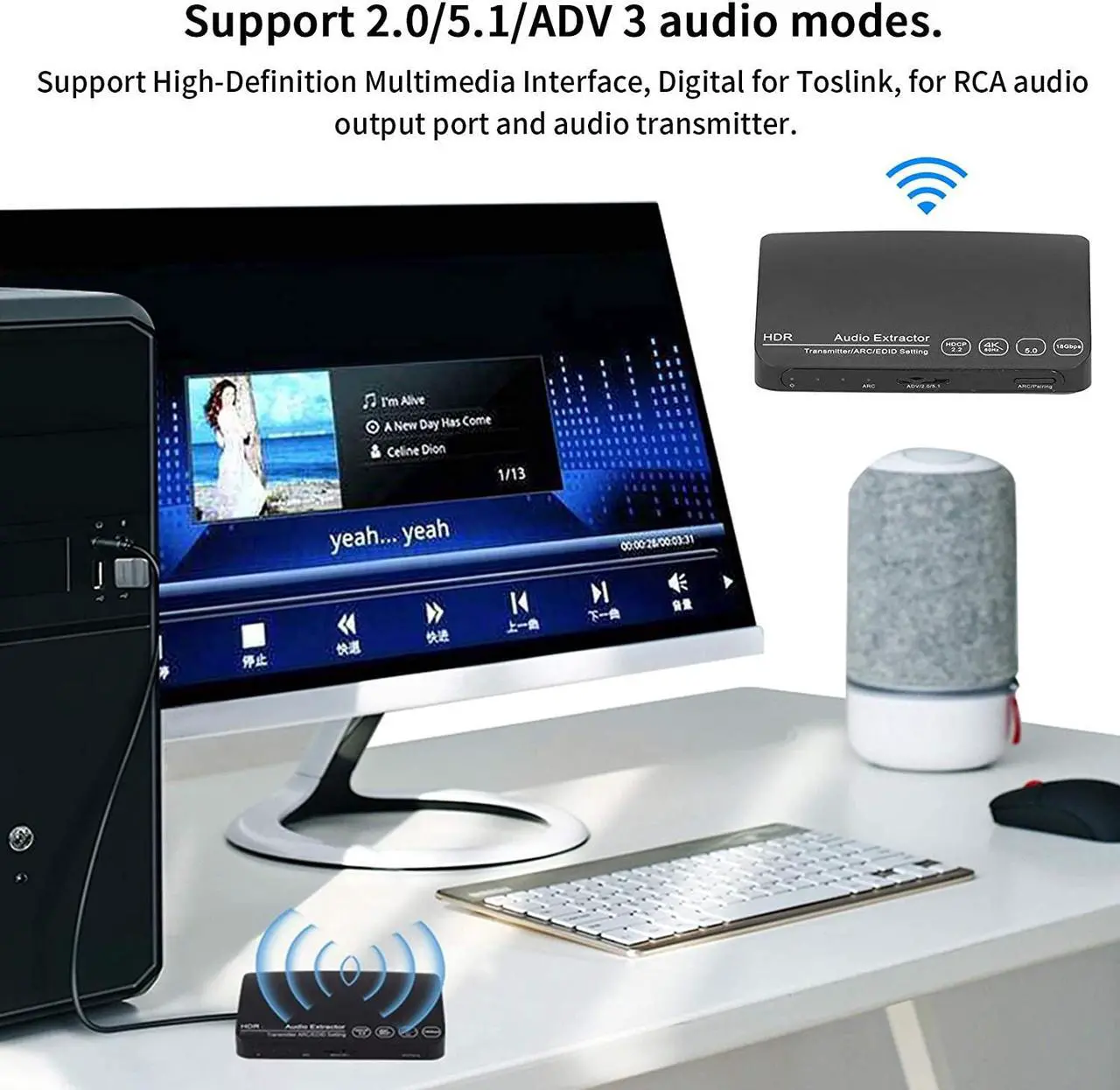 Alt view image 2 of 7 - HDMI Splitter, HDMI Audio Extractor Switch, Bluetooth 5.0/4K/60HZ Analog Stereo R/L Audio Extractor Compatible with Dolby HD/DTS HD/Dolby Atoms/Dolby AC3/DTS/LPCM (HDCN0052M1)