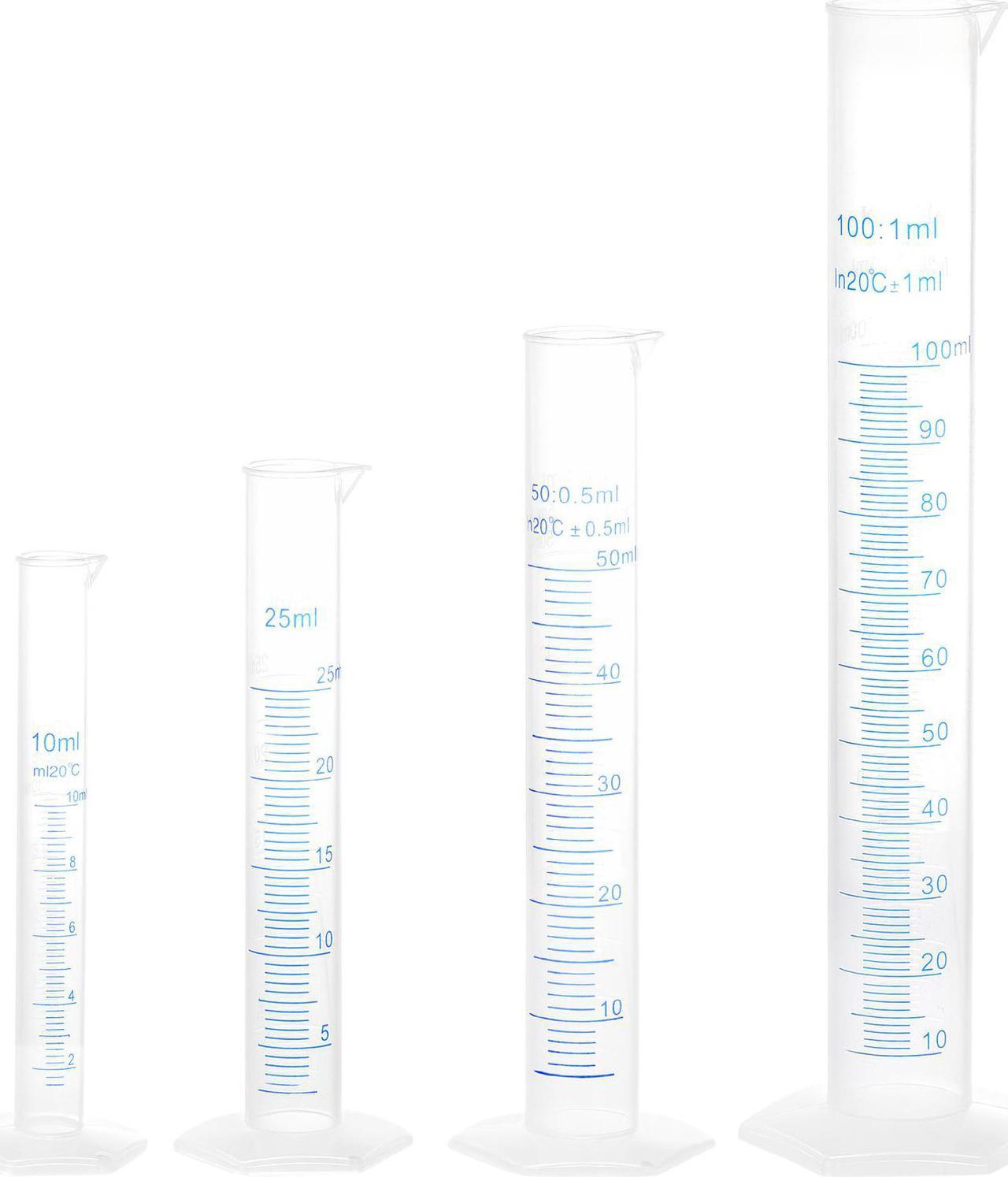 Plastic Graduated Cylinder, 10ml 25ml 50ml 100ml Measuring Cylinder, Double-Sided Metric Marking, Clear Hex Base, 4 in 1 Set