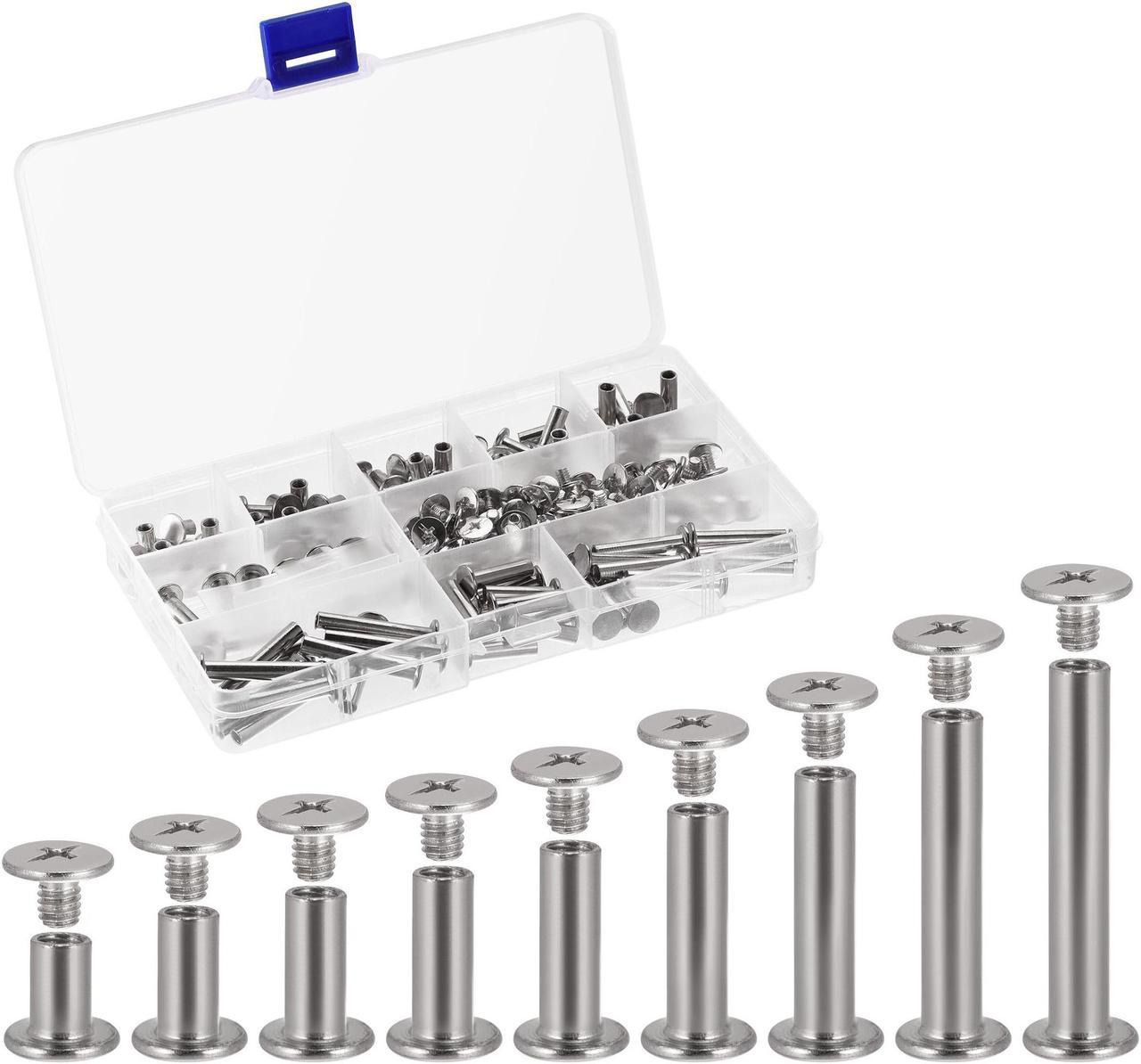 9 Sizes Phillips Screw Post Fit for 3/16"(5mm) Hole Dia, Male M4x5mm Binding Bolts Leather Anchor Album Fastener Kit Silver Tone 90 Sets