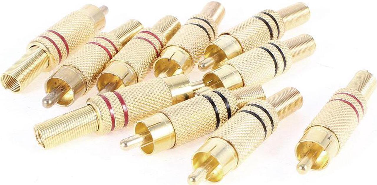 Unique Bargains 10 Pieces Gold Tone Red Black Metal Spring Head Male RCA Plug Connectors Adapter