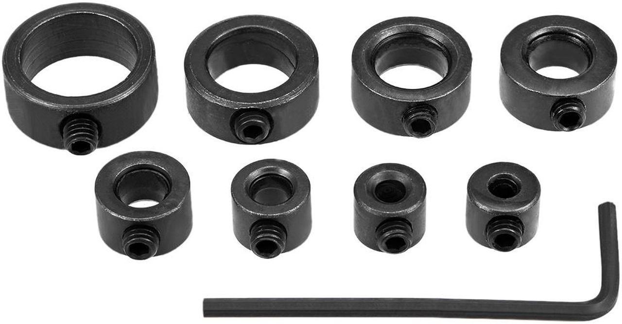 Main image of Drill Stop Collar Set 3mm 4mm 5mm 6mm 8mm 10mm 12mm 16mm I.D. with Hex Wrench Carbon Steel for Set Screws Chuck Woodworking Drill Bits Depth Holder Black 8pcs