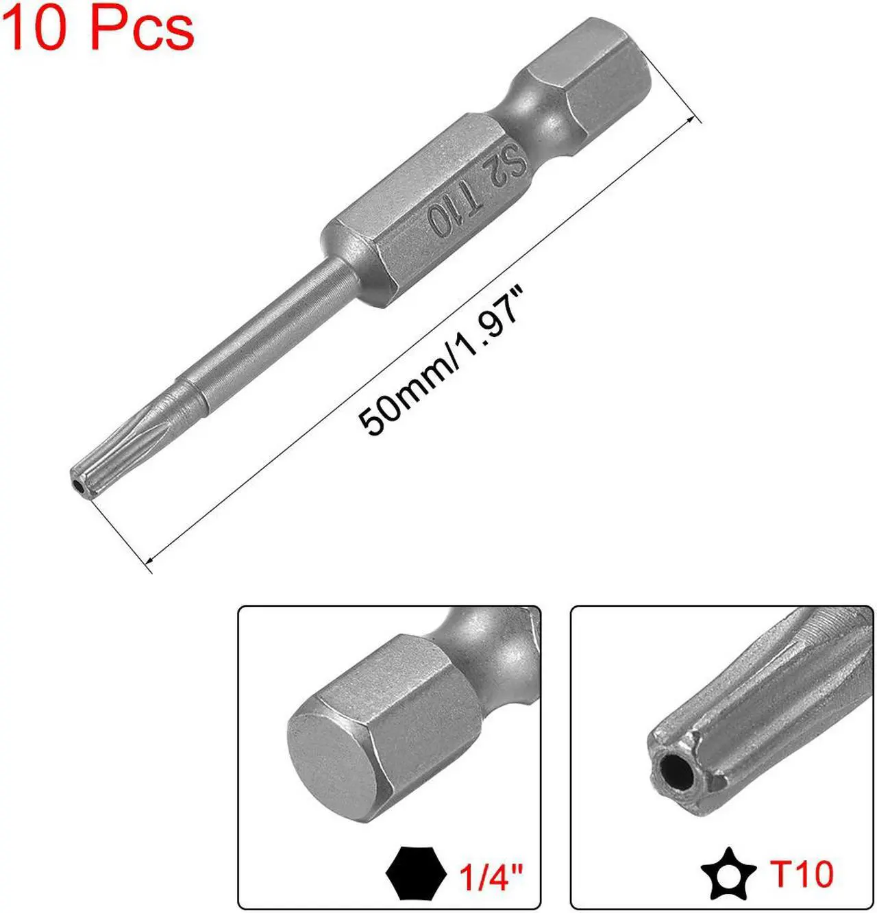 Alt view image 2 of 4 - 50mm Long 1/4" Hex Shank TS10 Torx Security Star Screwdriver Bits S2 High Alloy Steel 10pcs