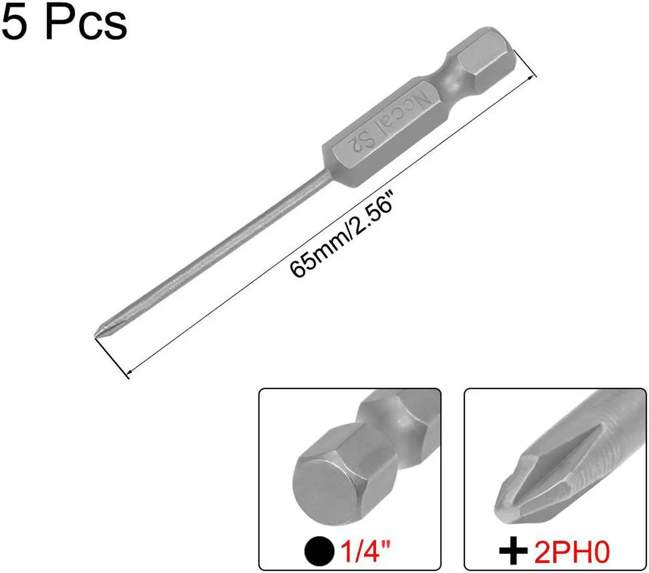 Alt view image 2 of 4 - Phillips Bits 1/4-Inch Hex Shank 65mm Length Cross 2PH0 Magnetic Screw Driver S2 Screwdriver Bit 5Pcs