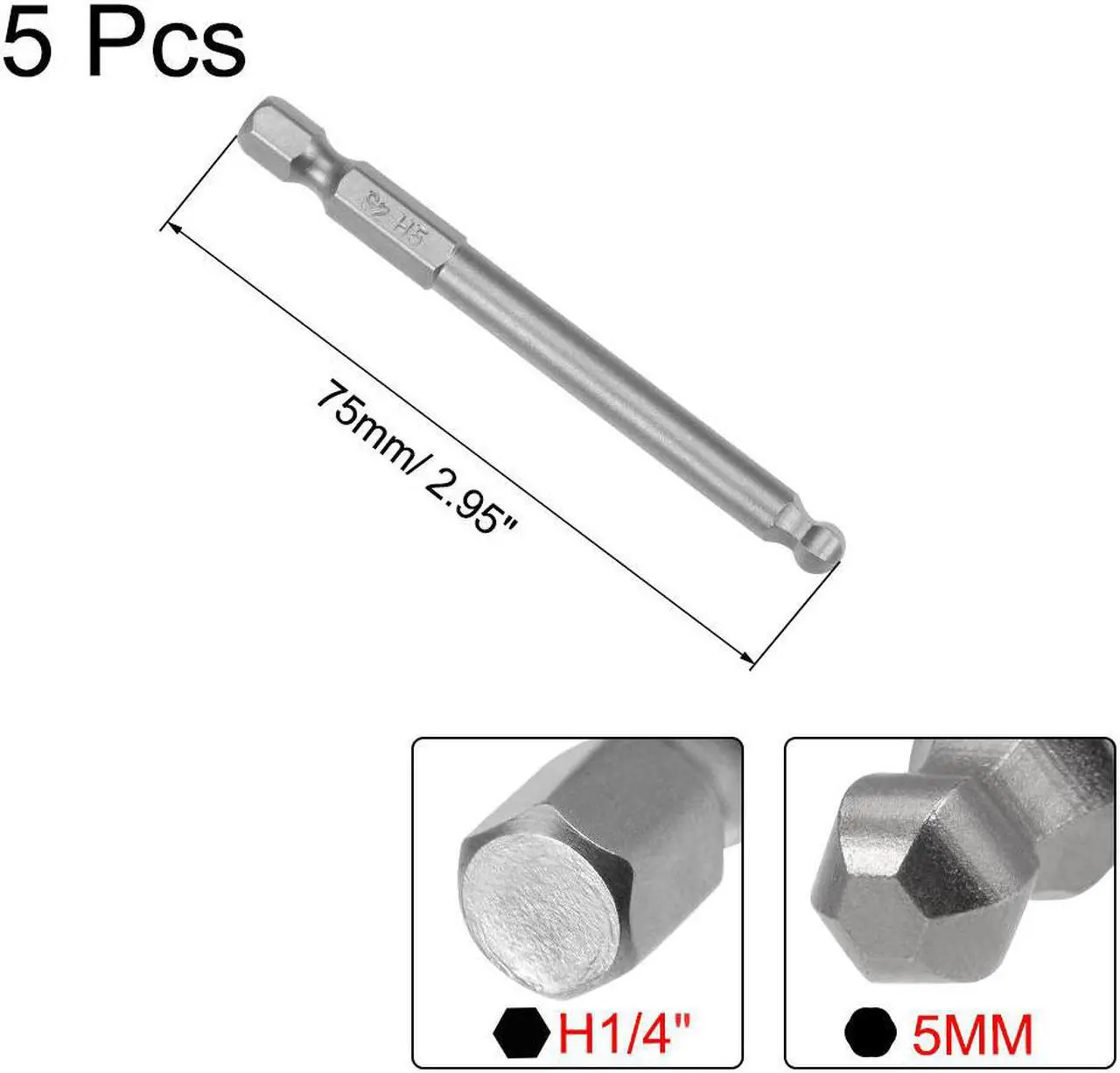 Alt view image 2 of 4 - 5Pcs Ball End Hex Bits 1/4 Inch Hex Shank 75mm Length Magnetic 5MM Head Screwdriver S2 Screw Driver Bit