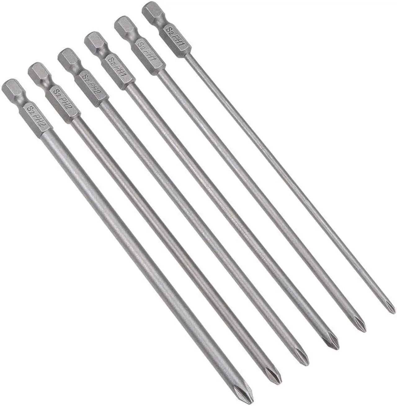 Main image of Phillips Bits Set 6pcs 1/4 Inch Hex Shank 3PH1-6PH2 Magnetic Cross Screwdriver Bit Set 150mm Length S2 Screw Driver Kit Tools