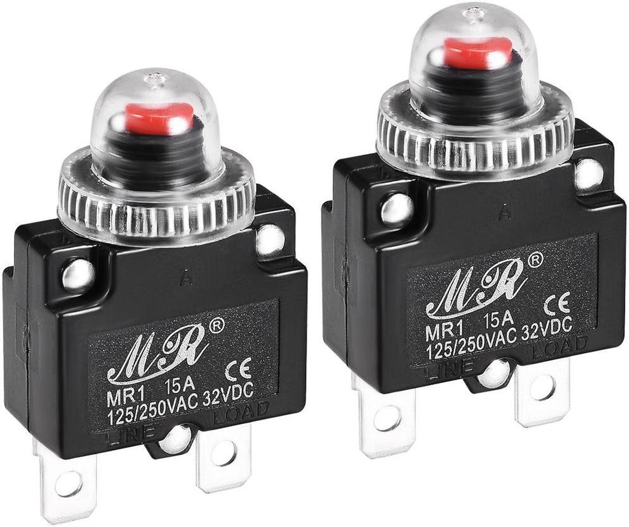 Thermal Circuit Breakers 15A 125/250V AC 32V DC Push Button Reset Overload Protector Switch with Waterproof Cap 2 Pcs