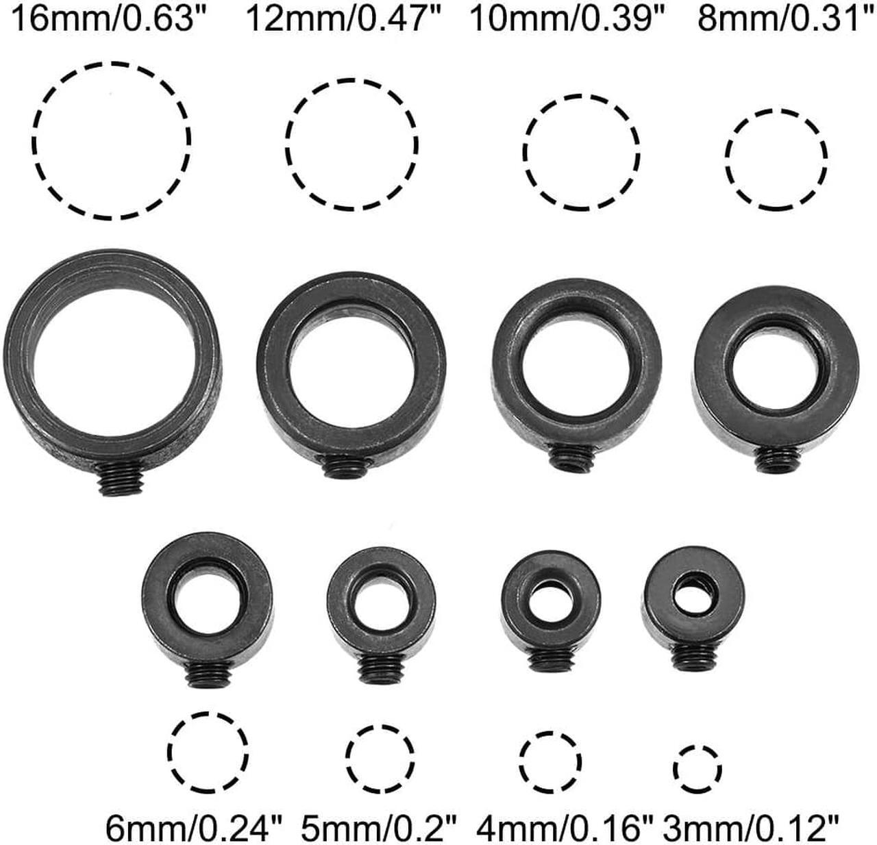 Alt view image 2 of 3 - Drill Stop Collar Set 3mm 4mm 5mm 6mm 8mm 10mm 12mm 16mm I.D. with Hex Wrench Carbon Steel for Set Screws Chuck Woodworking Drill Bits Depth Holder Black 8pcs