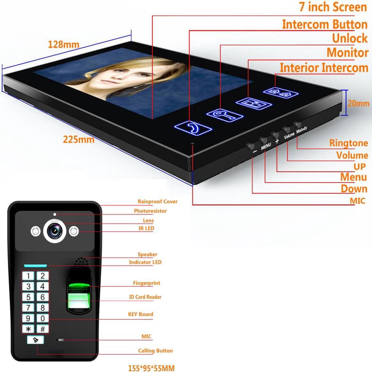 Alt view image 3 of 7 - 7inch 2 Monitors Wired /Wireless Wifi Video Door Phone Doorbell Intercom System with Fingerprint RFID Password IR-CUT HD 1000TVL Wired CCD Camera Night Vision