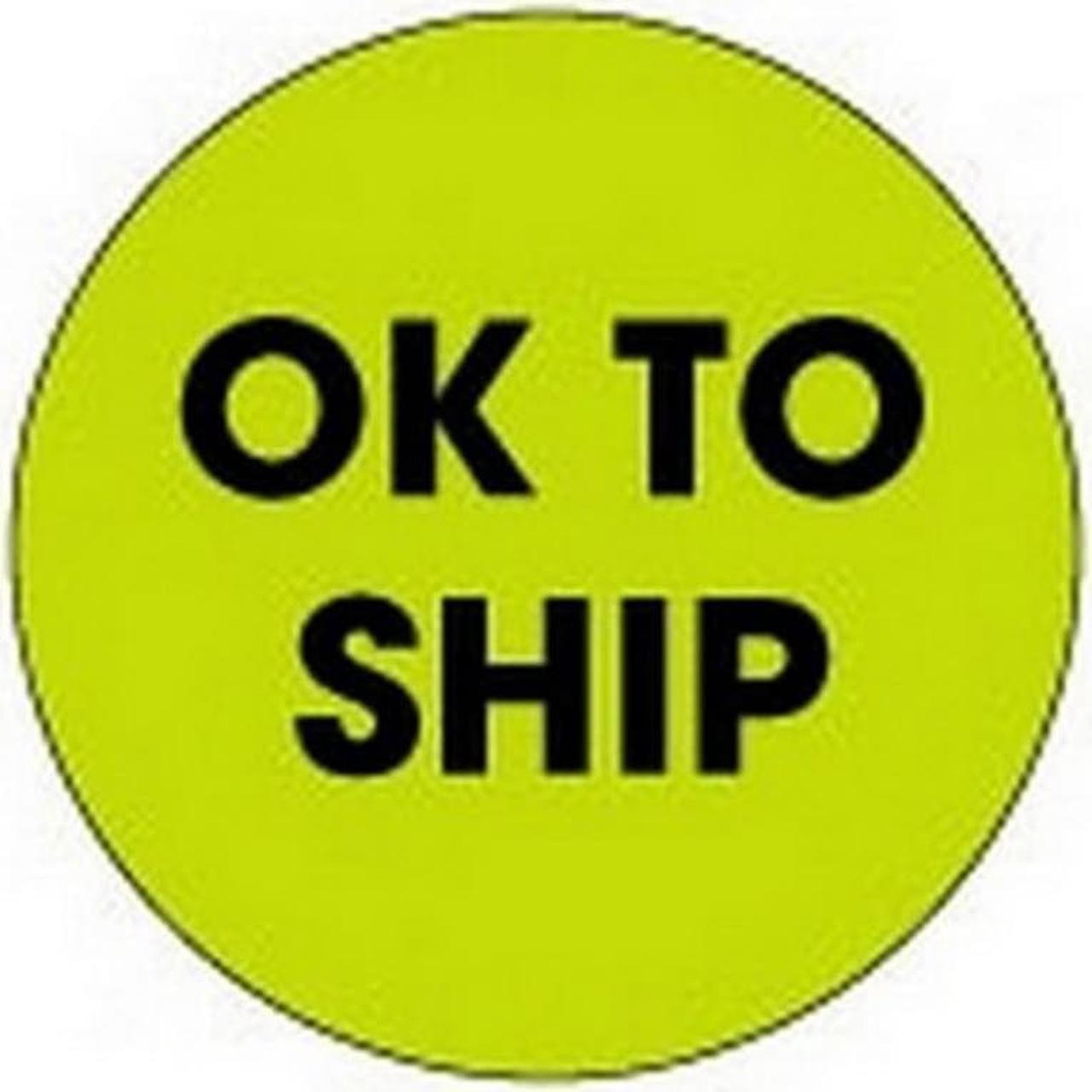 Main image of 2" Black/Fluorescent Green Diameter OK To Ship Circle Labels (500 per Roll)